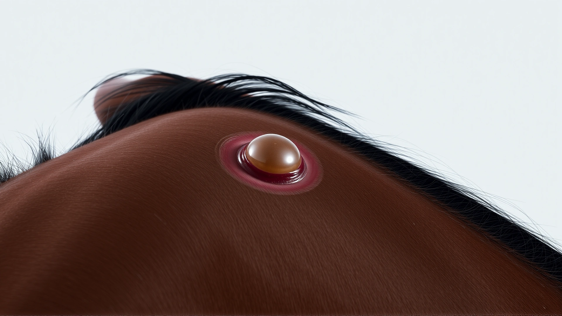 Macro photograph showing a horse's neck with a small round epidermoid cyst protruding under the skin, neutral background
