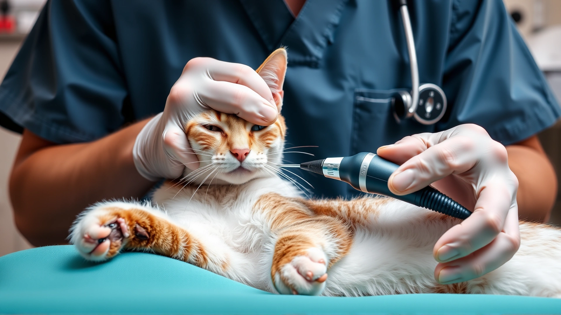 Veterinarian performing cystocentesis on a calm cat using an ultrasound probe and fine needle, clinical environment, focus on hands and equipment