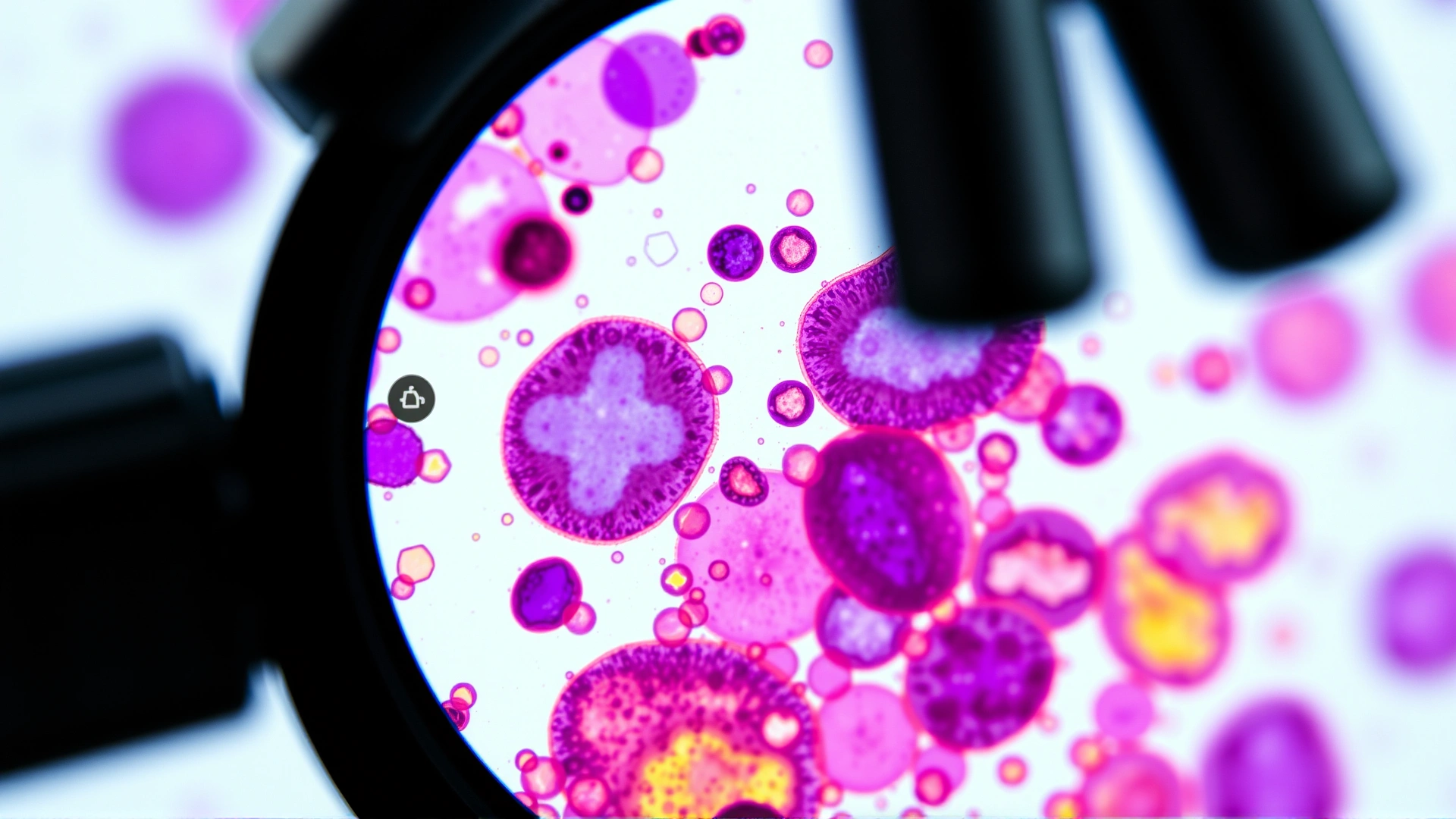 Macro shot of a microscope slide with colorful stained cells being examined in a veterinary lab, showing cytology.