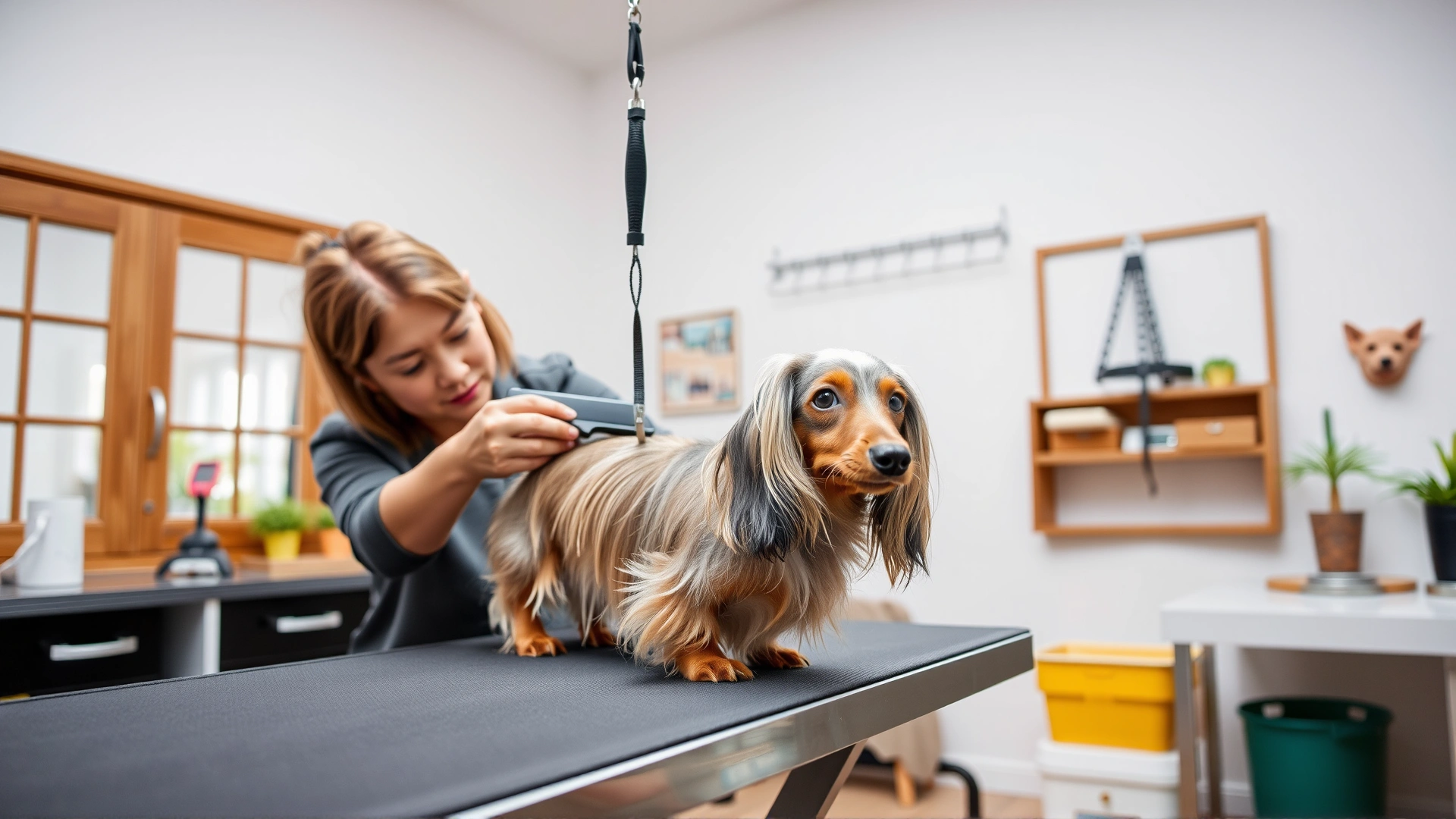 Bright interior scene of an owner gently brushing a long-haired dachshund on a grooming table