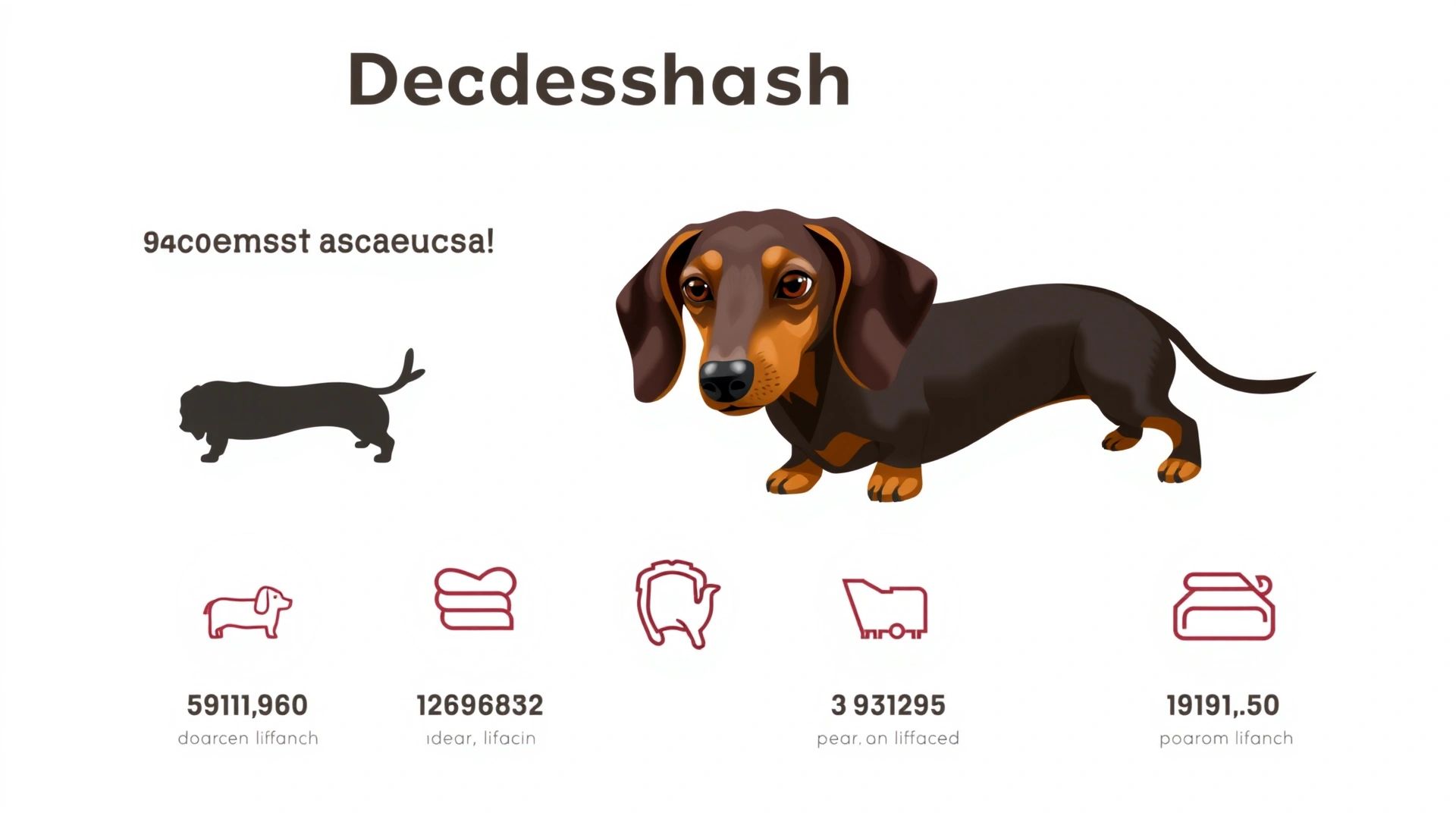 Clean infographic-style illustration showing key dachshund statistics such as height, weight, and lifespan, with simple icons on a light background