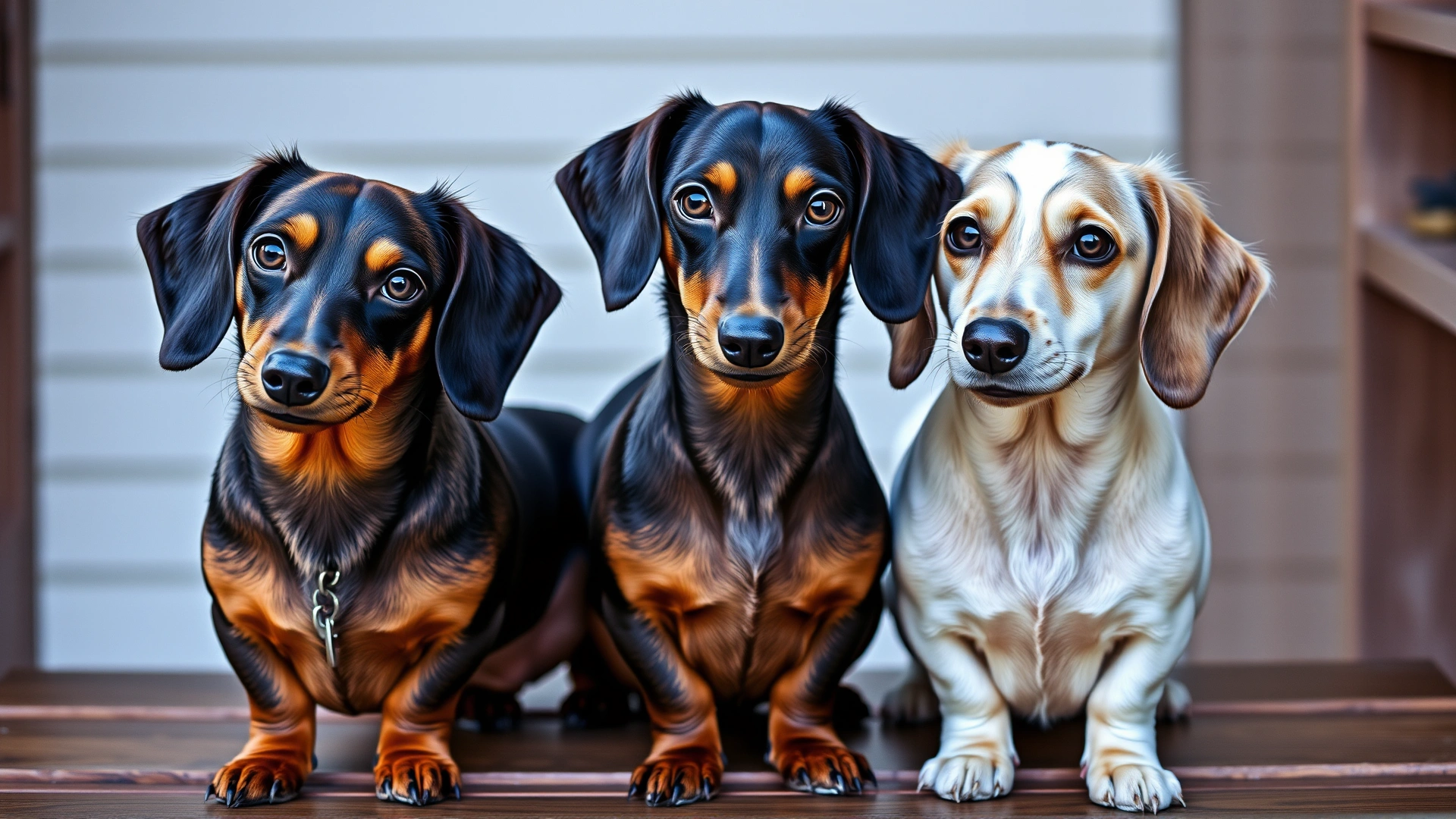 Three Dachshunds of different coat colors sitting together on a wooden bench, facing the camera.