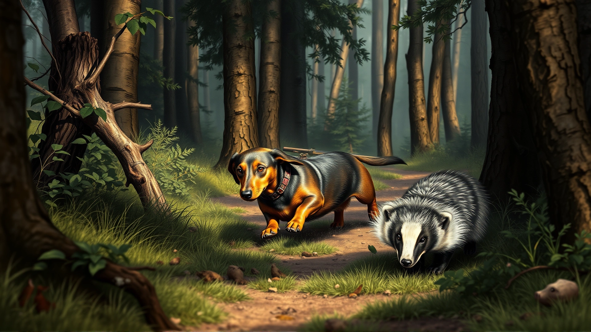 Vintage-style illustration of a traditional German hunting scene showing a dachshund chasing a badger in a forest