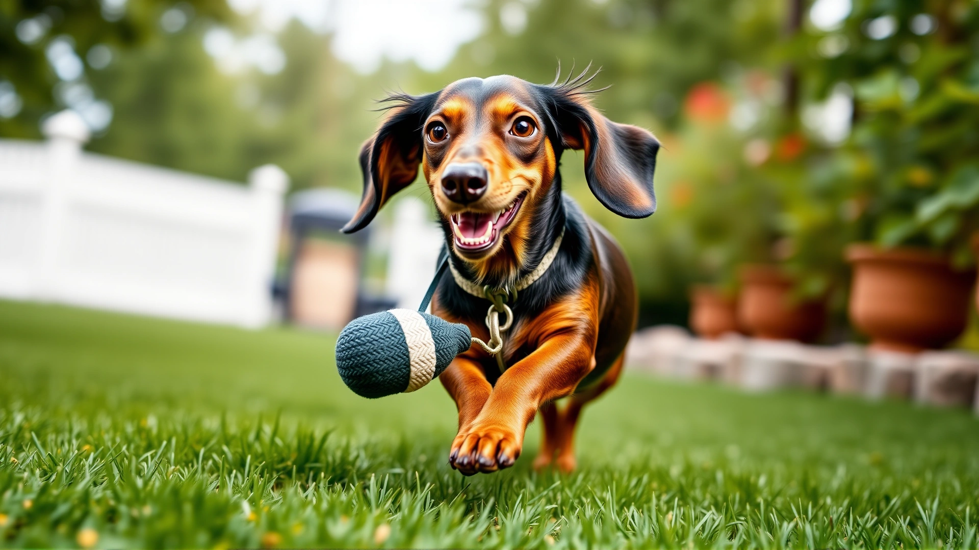 Playful Dachshund running across a green yard carrying a small toy, motion blur in background