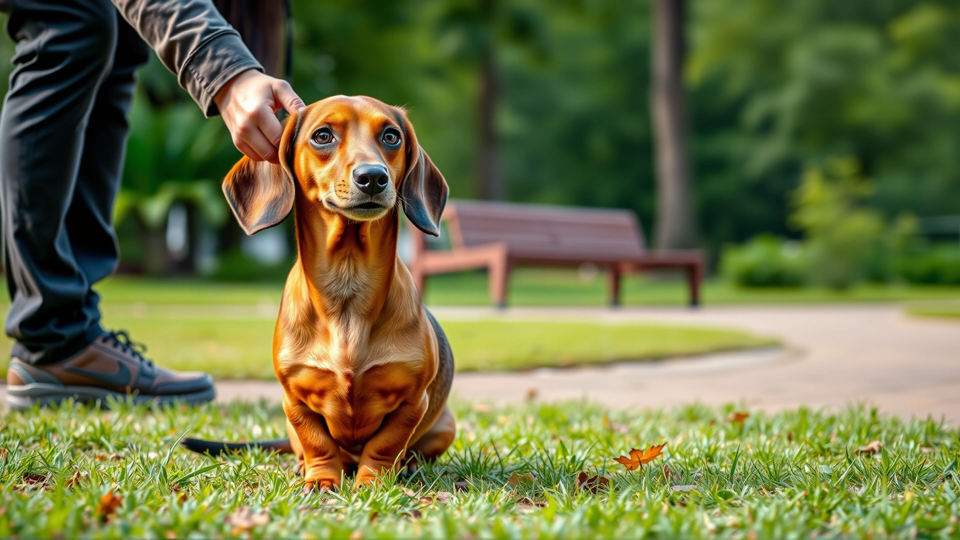 Outdoor park scene where a trainer rewards a young dachshund with a treat while the dog sits on command
