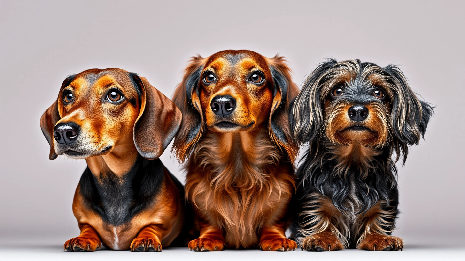 Studio shot of three dachshunds side by side: one smooth-coated, one long-haired, and one wire-haired, all looking forward