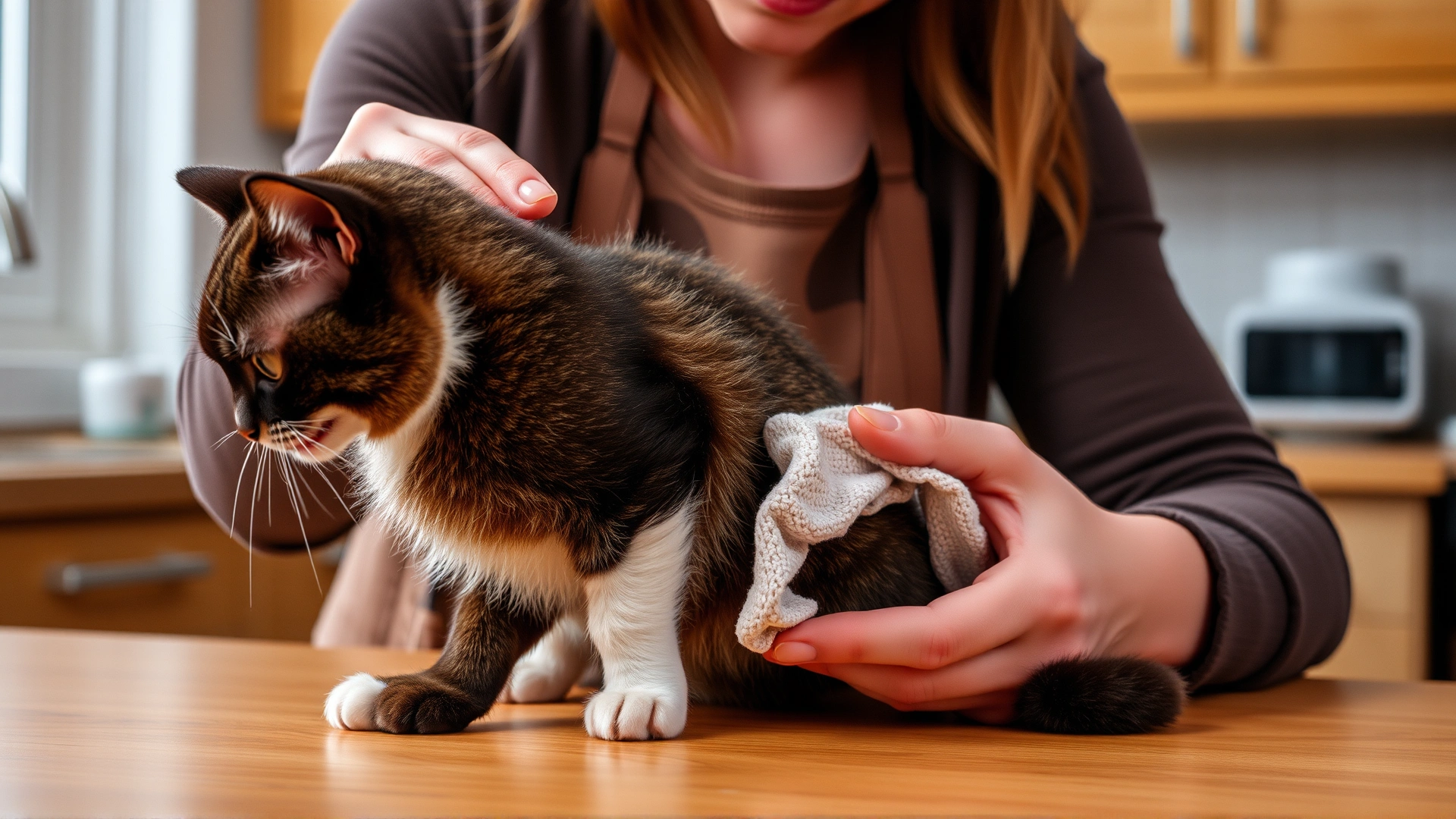 Pet parent gently cleaning a three-legged cat's stump with a soft cloth on a kitchen counter