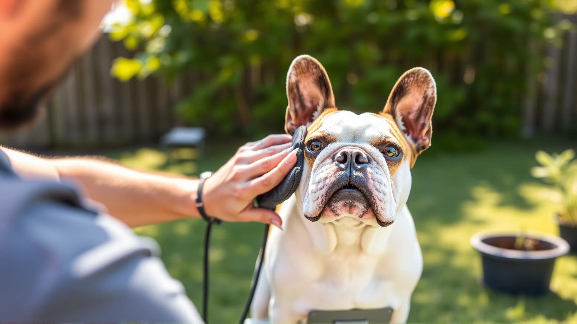 Owner brushing a French Bulldog's coat with a grooming glove in a backyard on a sunny day, candid high-resolution shot