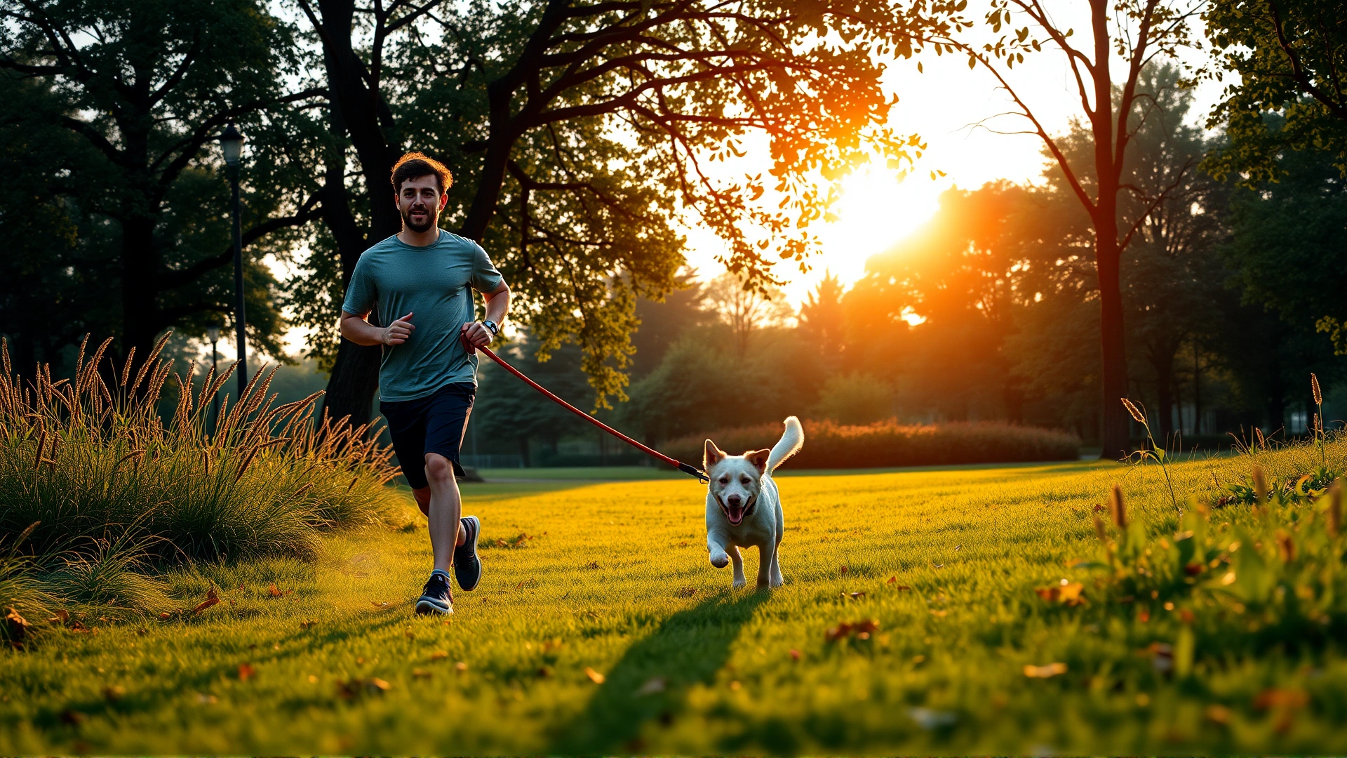 Young man jogging in a green park with an energetic dog on a leash during golden hour