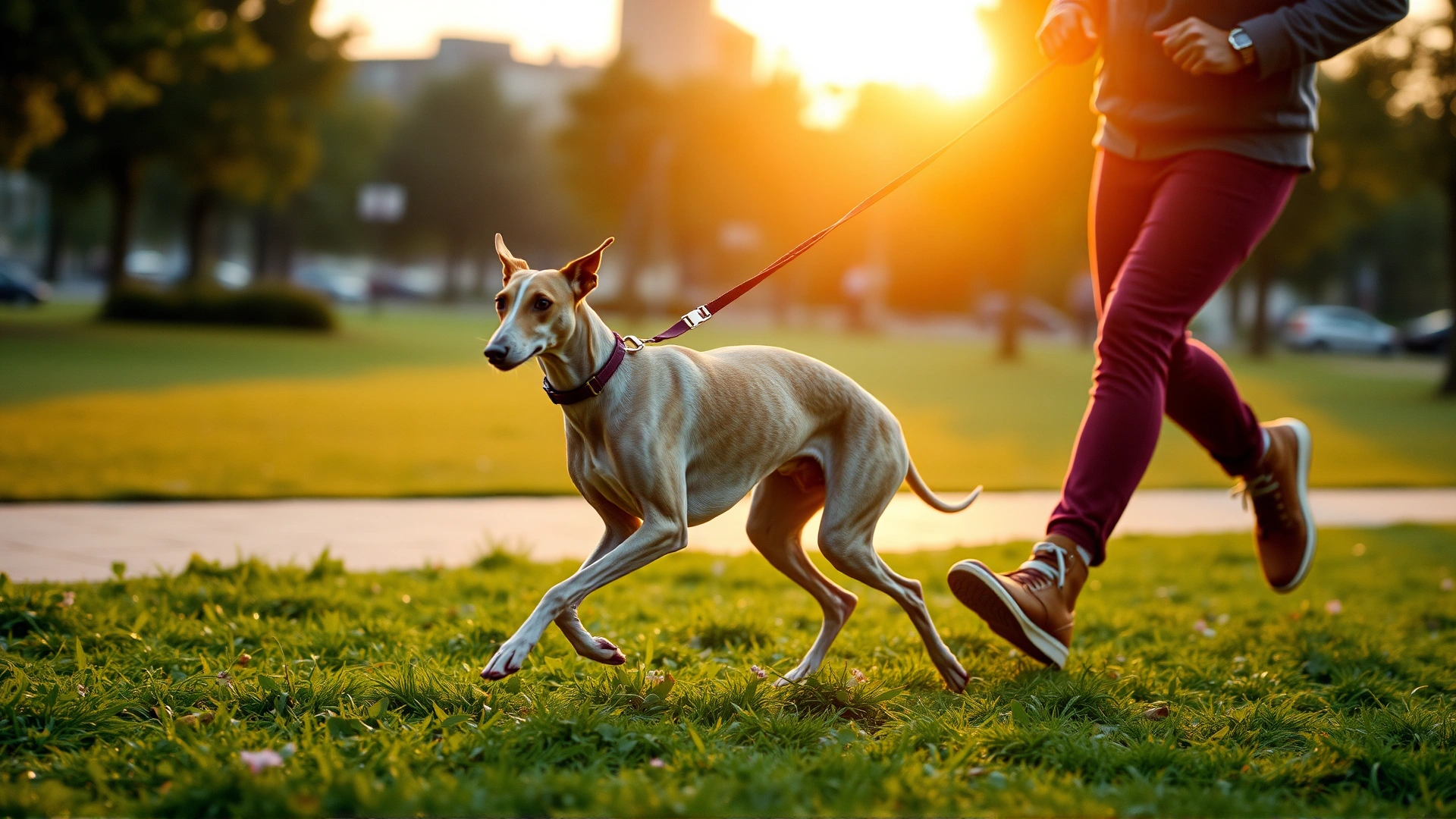 Italian Greyhound trotting on a leash alongside its owner in an urban park at sunrise, both mid-stride