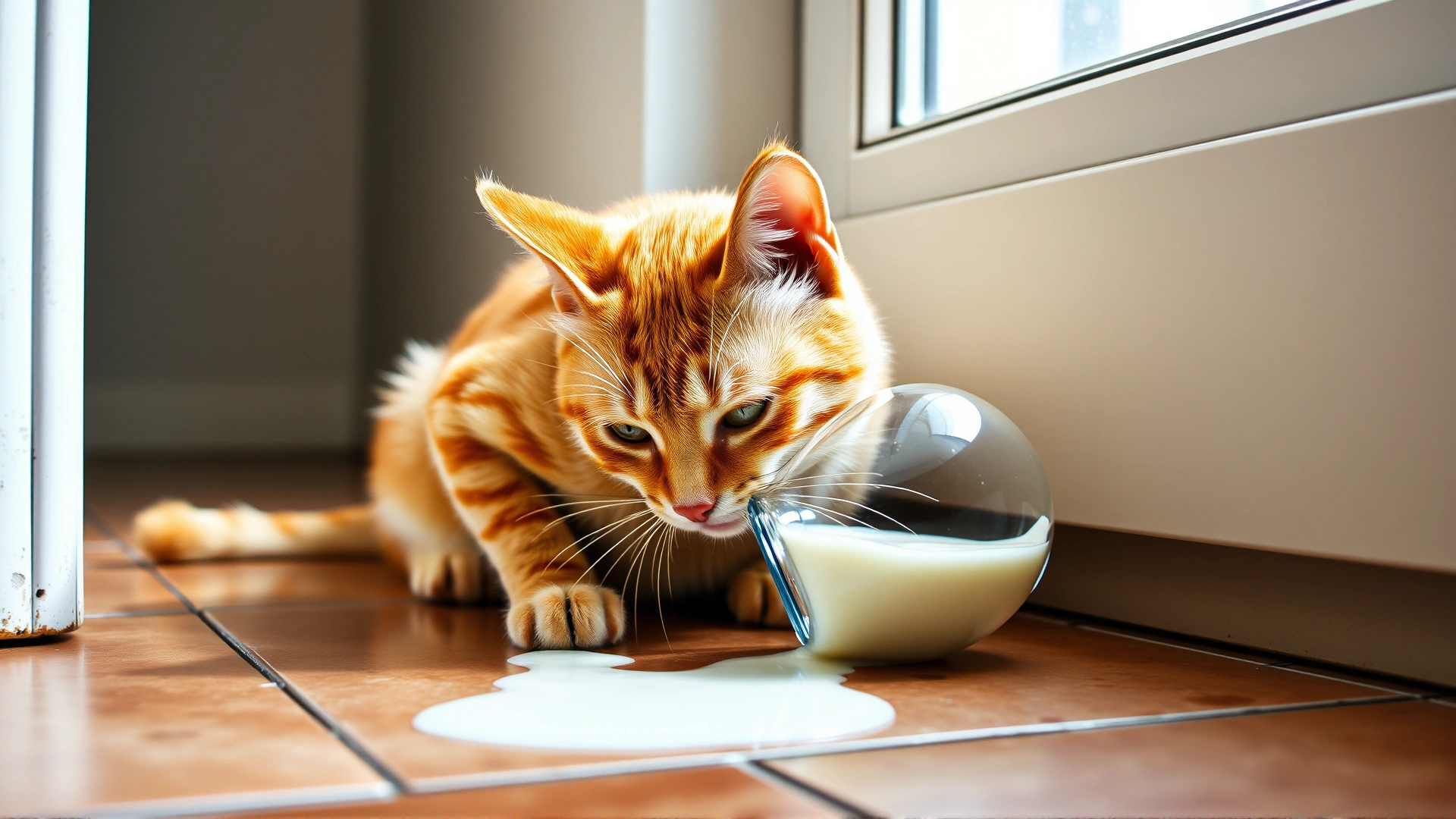 Orange tabby cat drinking spilled milk from a tipped-over glass on a tiled floor, natural light from window.