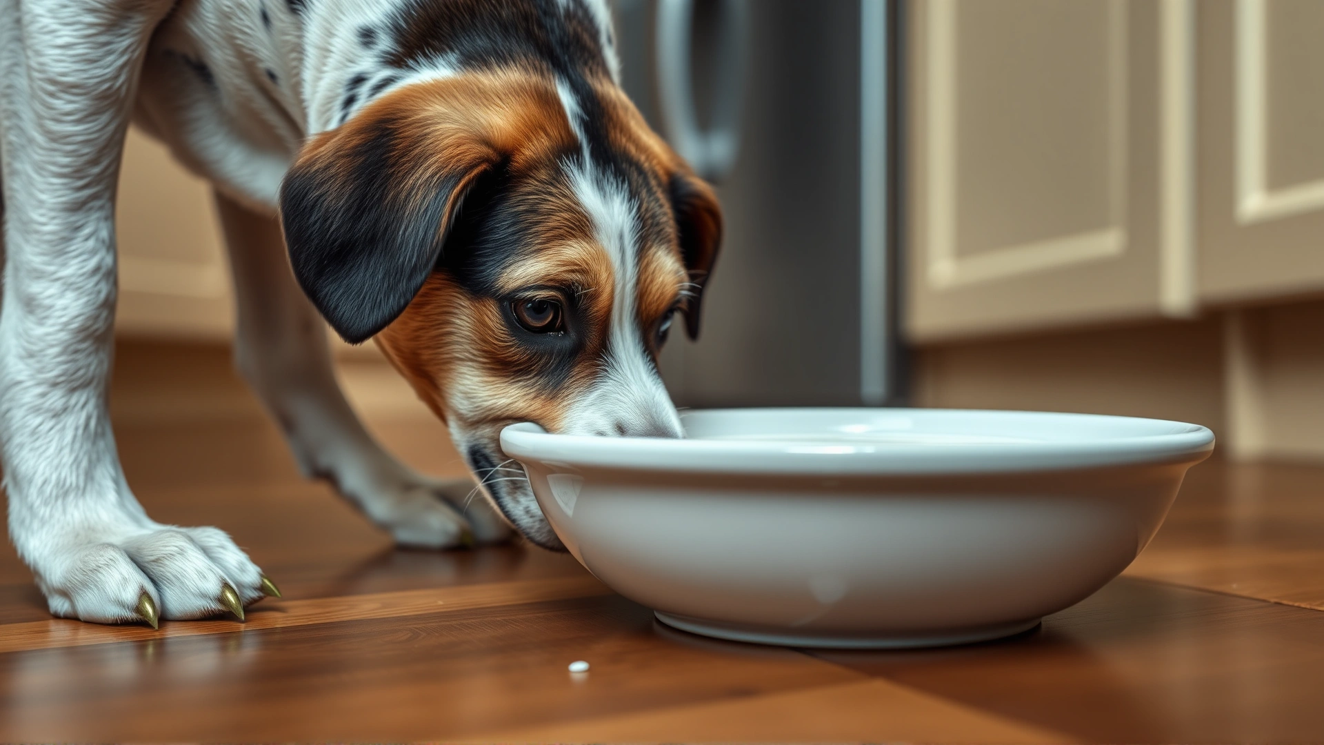 Close-up of a dog sniffing a bowl of milk on a kitchen floor, illustrating lactose intolerance