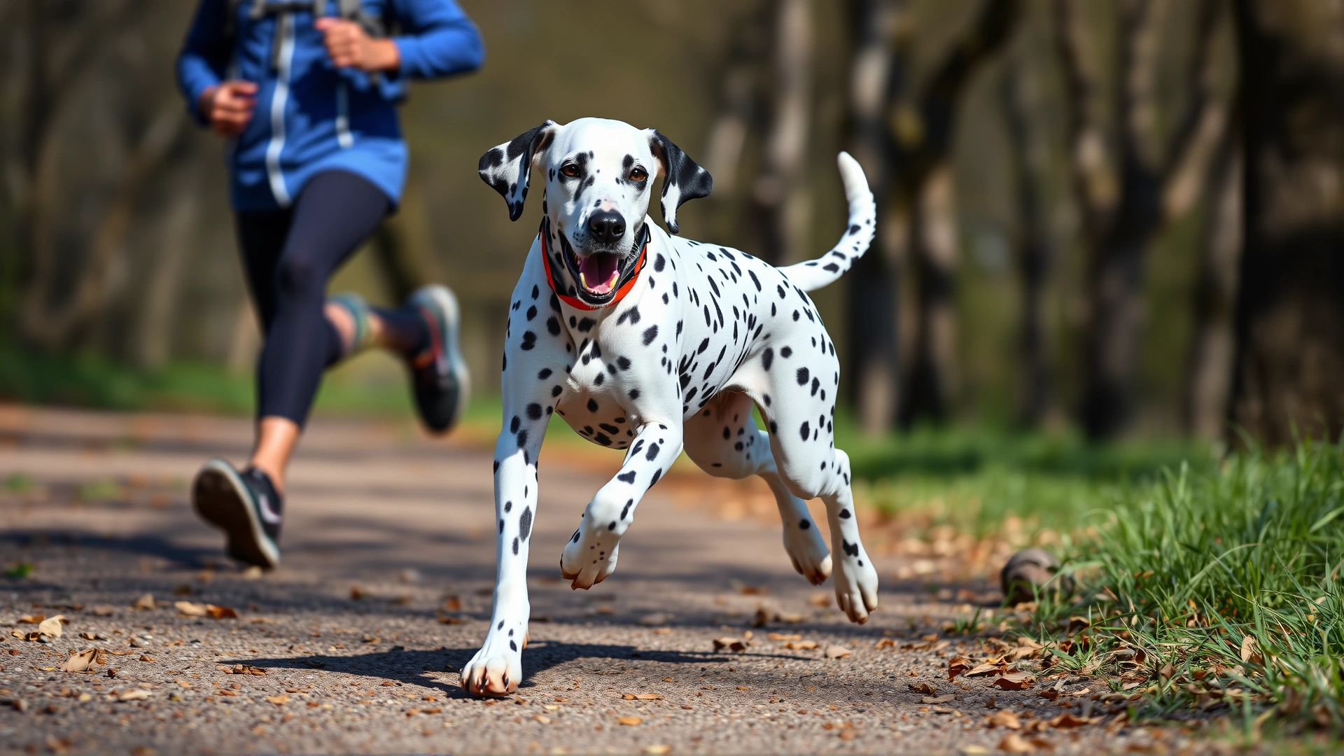 Dalmatian running alongside a jogger on a tree-lined trail, demonstrating the breed’s high stamina.