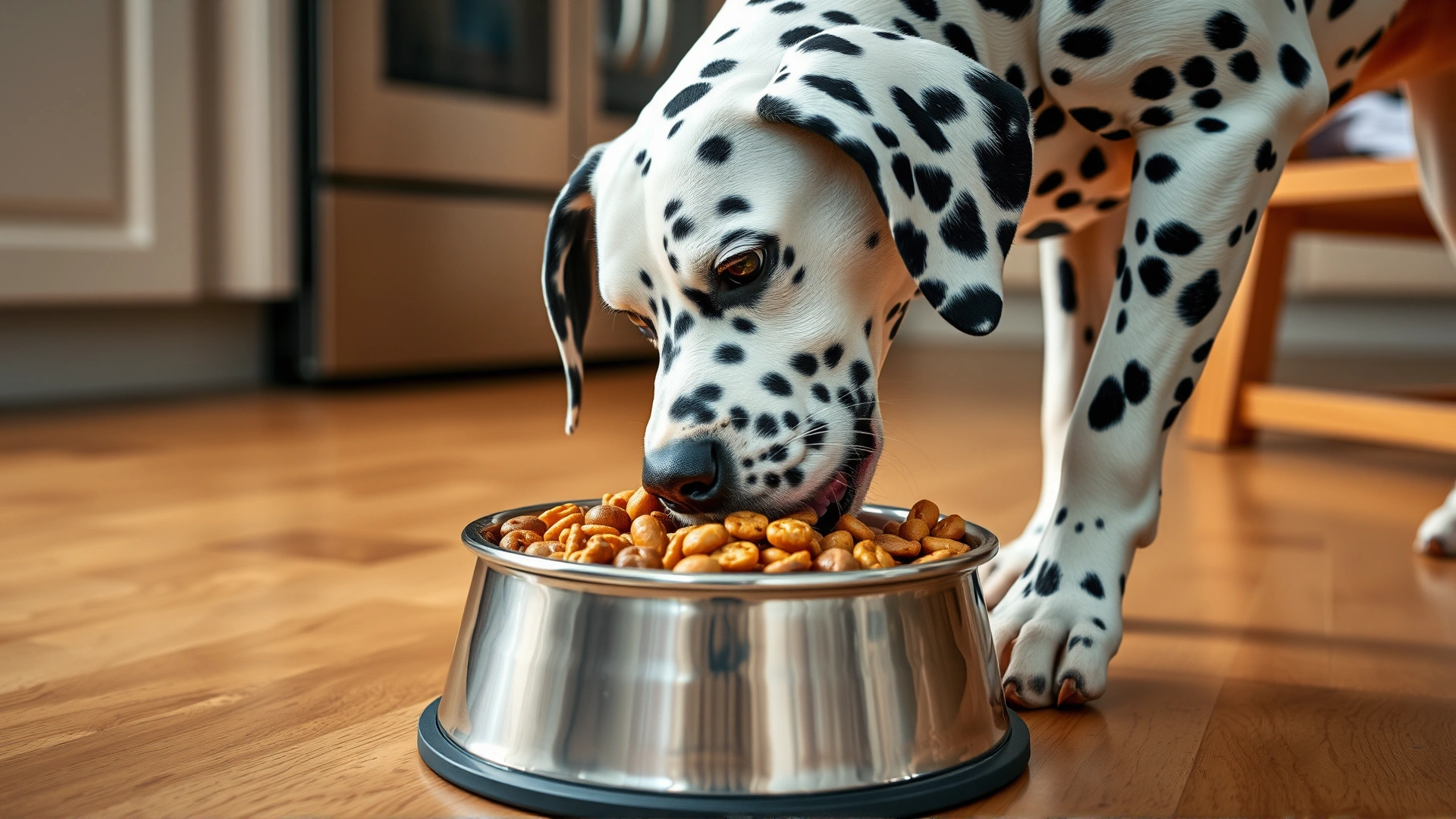 Dalmatian eating from a stainless-steel bowl filled with balanced kibble on a kitchen floor.
