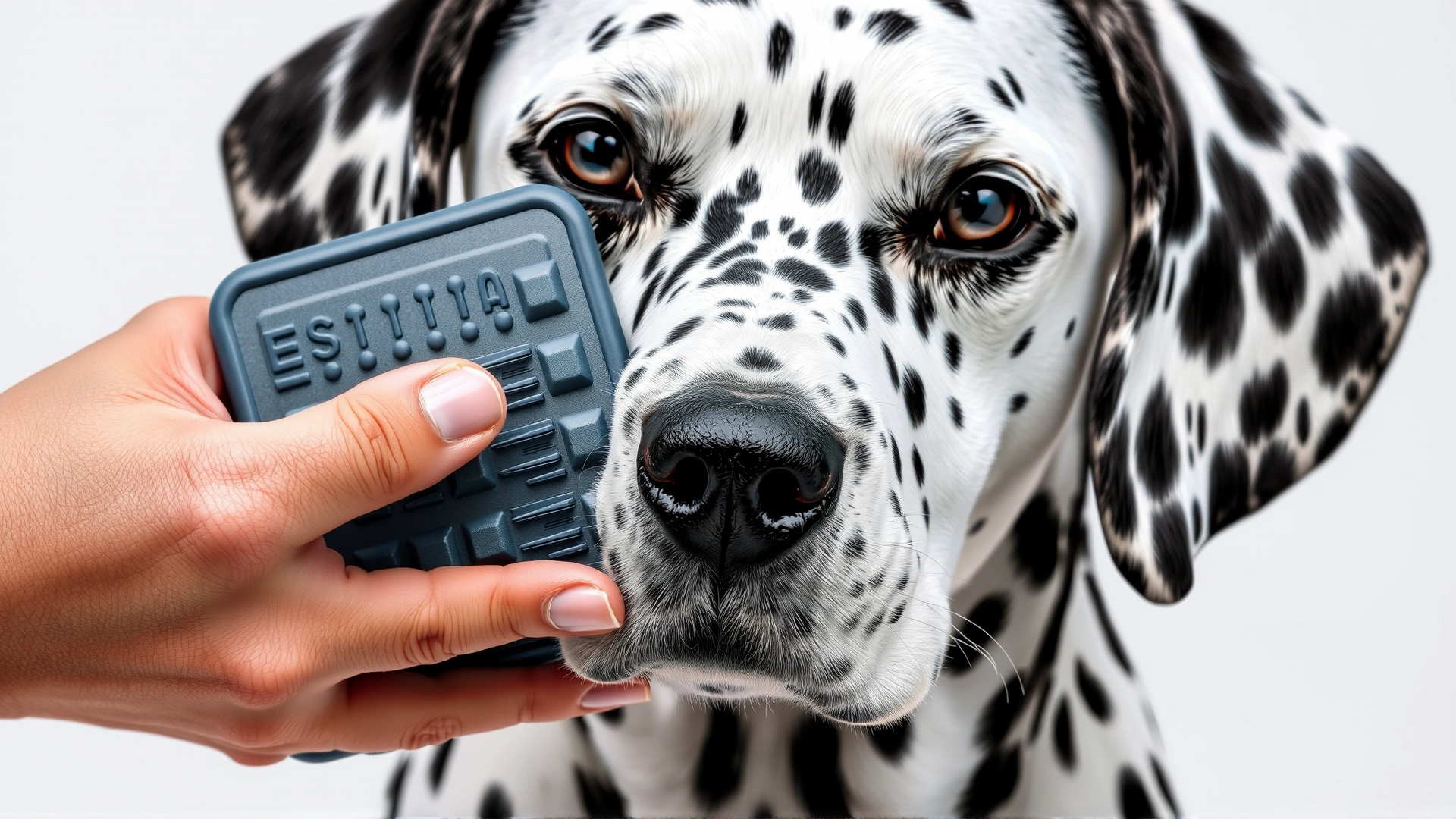 Close-up of hands brushing a Dalmatian’s short coat with a rubber grooming mitt.