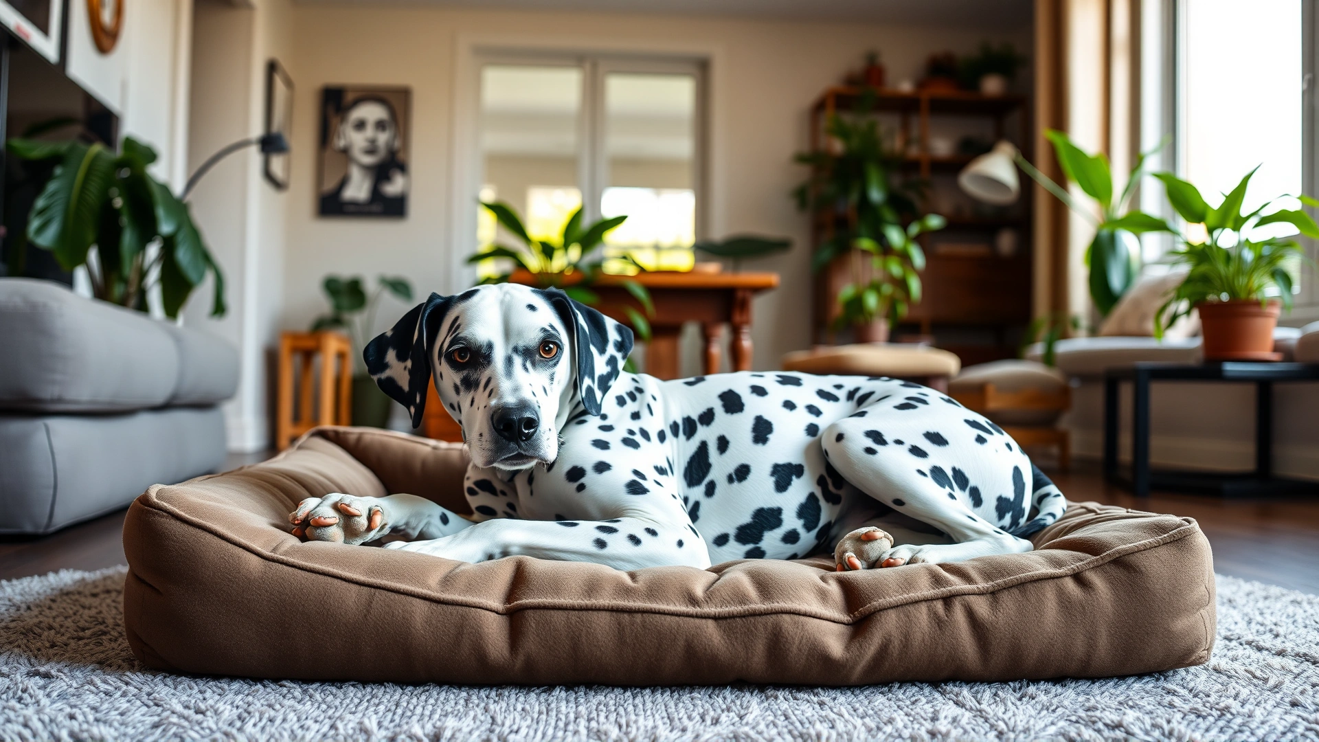 Dalmatian relaxing on a cozy dog bed in a modern living room with plenty of natural light and indoor plants.