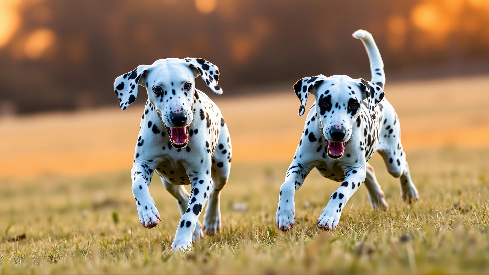 Two energetic Dalmatians playfully chasing each other in an open field during golden hour.