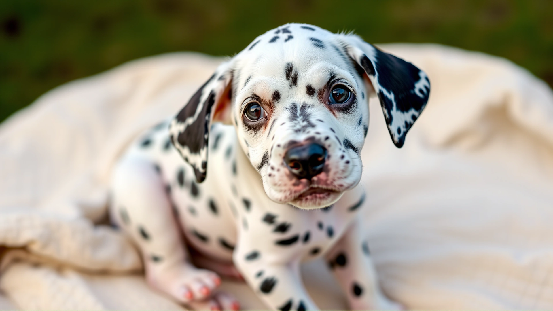 Cute Dalmatian puppy without spots yet, sitting on a soft blanket and looking curiously at the camera.