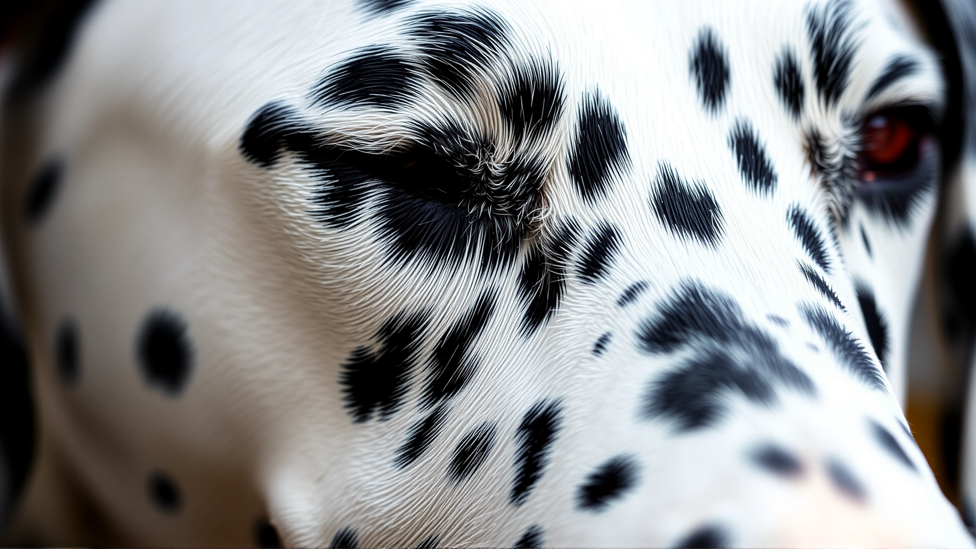 Macro close-up photograph highlighting the unique black and liver spots on a Dalmatian’s white coat.