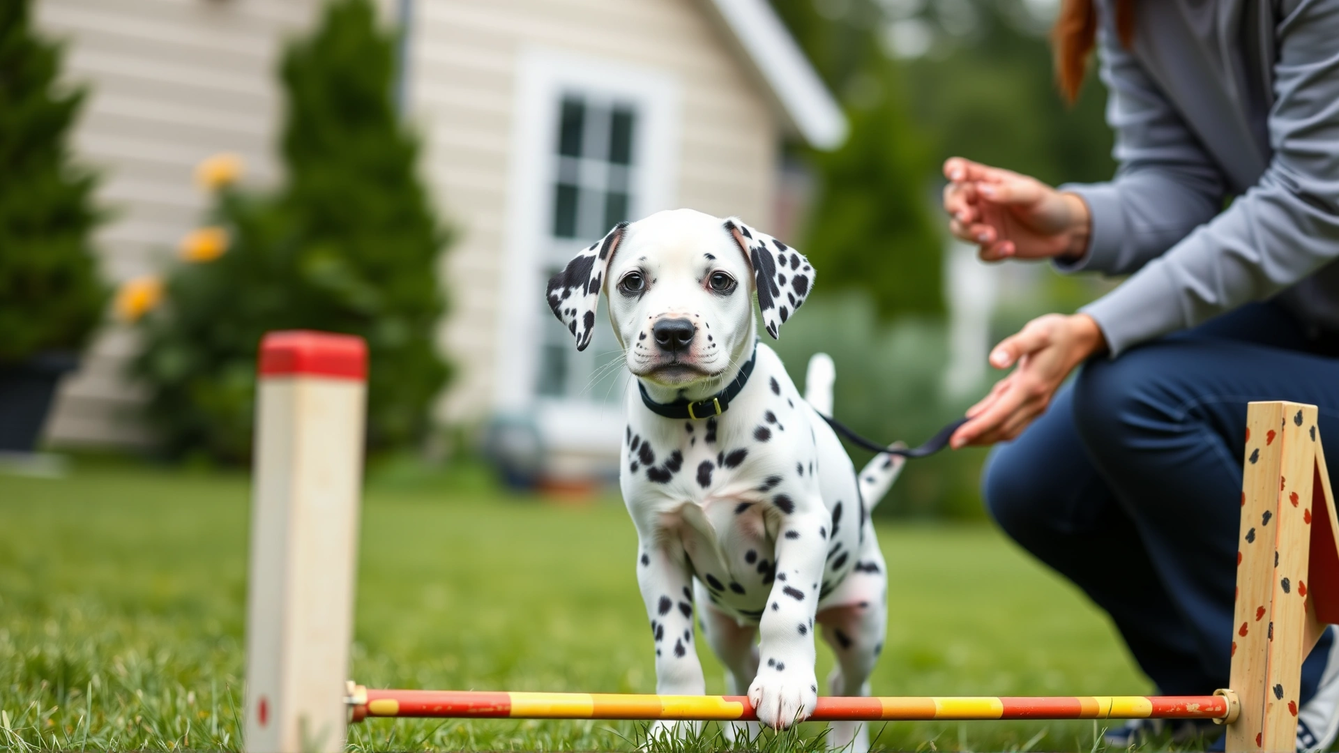 Owner using clicker training with a Dalmatian puppy on a backyard agility course.