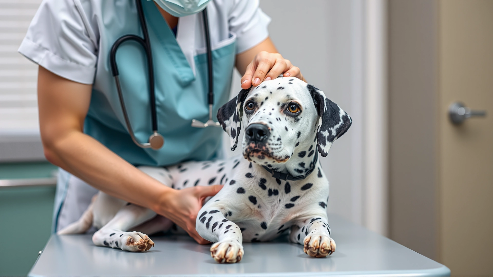 Veterinarian gently examining a Dalmatian on an exam table, representing responsible pet care.