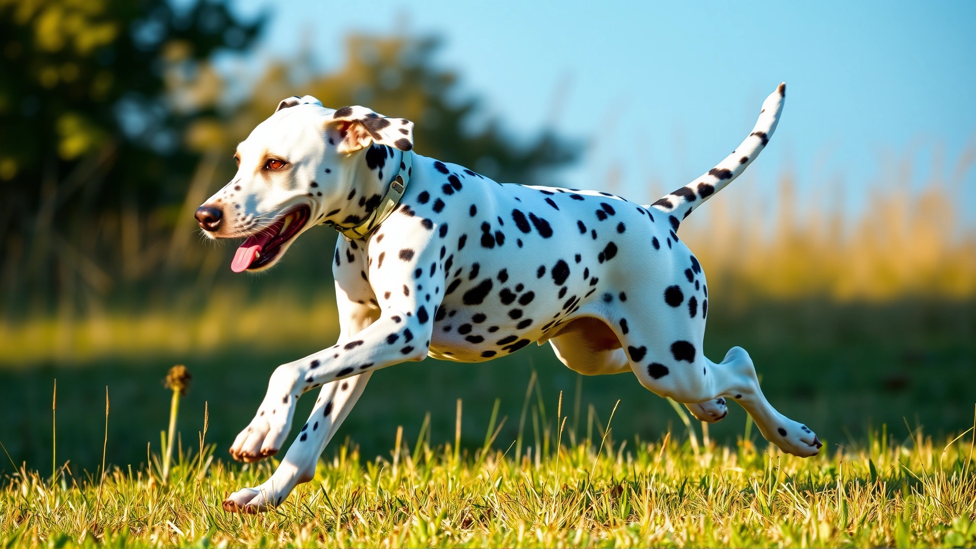 Dynamic image of a Dalmatian running through a grassy field, its coat spotless and gleaming.