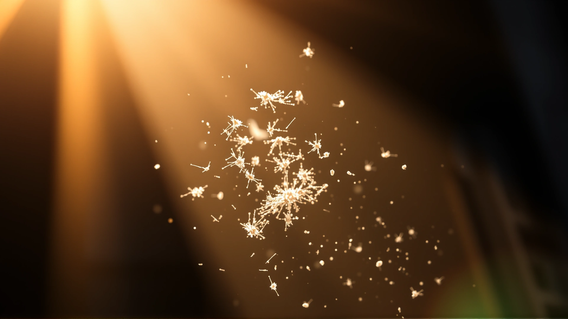 Macro shot of floating dust particles and bird feathers illuminated by a ray of sunlight to illustrate allergenic dander