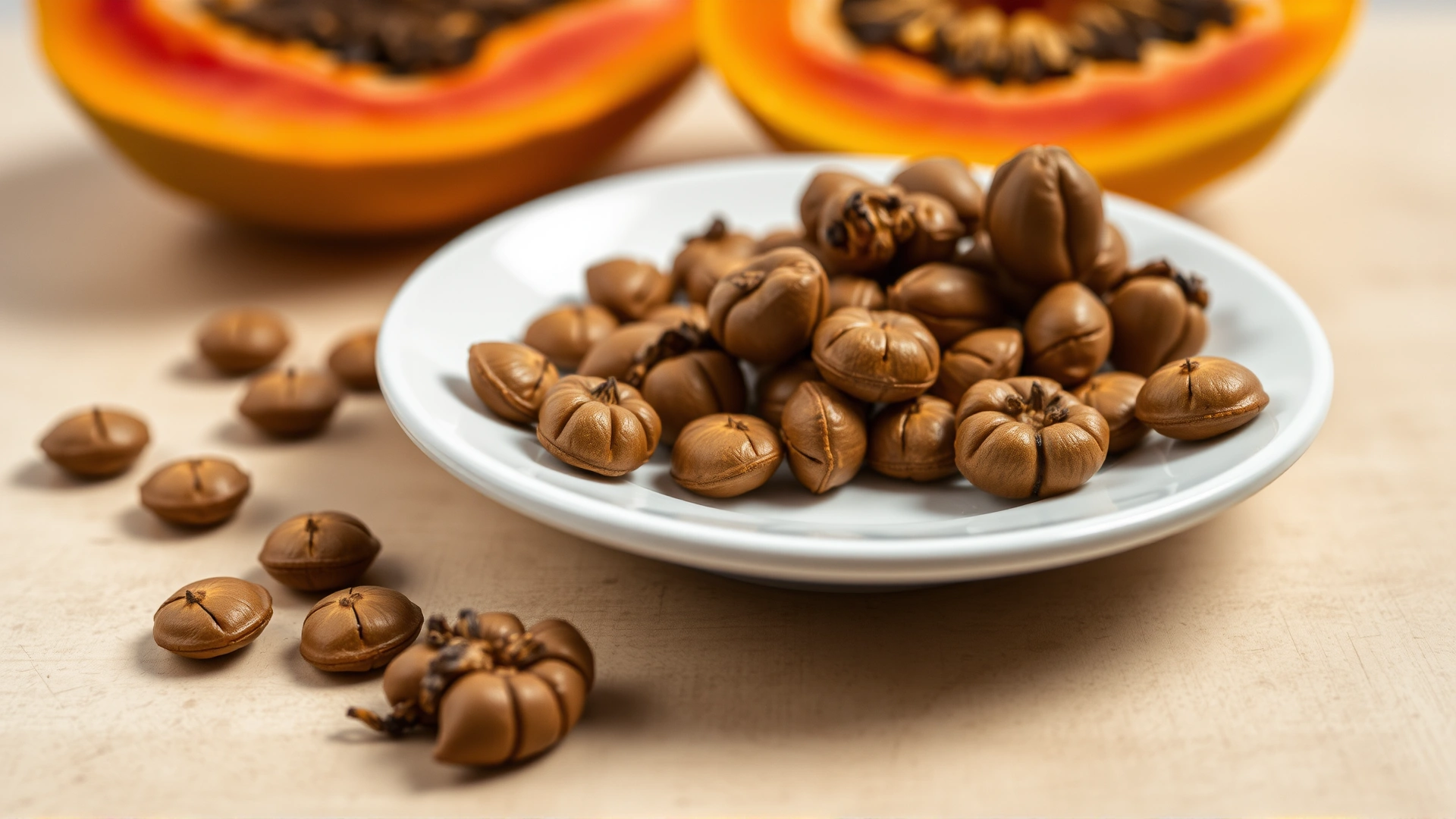 Macro view of papaya seeds separated from the fruit on a white plate, emphasizing their texture and potential hazard for pets