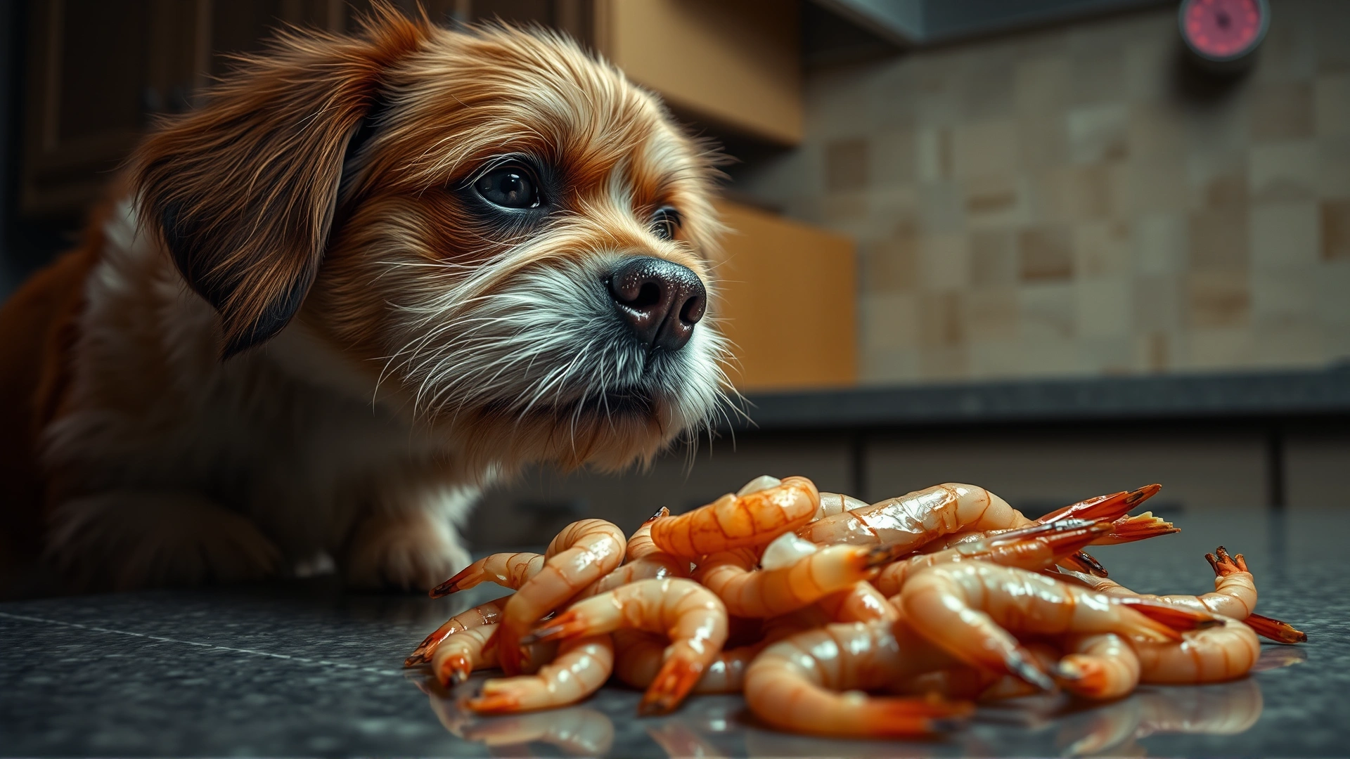 Curious dog investigating a pile of raw unpeeled shrimp on a kitchen countertop, dim lighting to convey a sense of caution