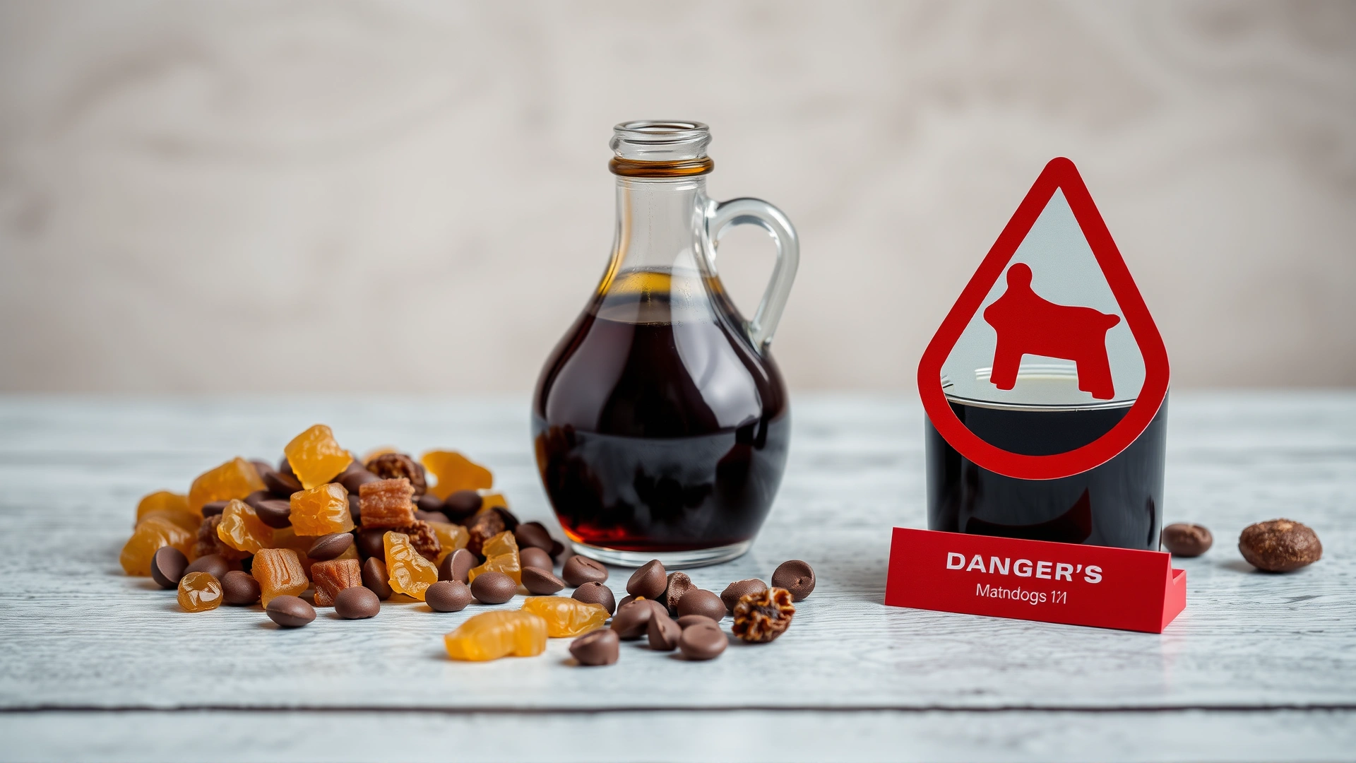 Tabletop scene showing chocolate chips, syrup bottle, and raisins next to a red warning sign icon to indicate danger for dogs.
