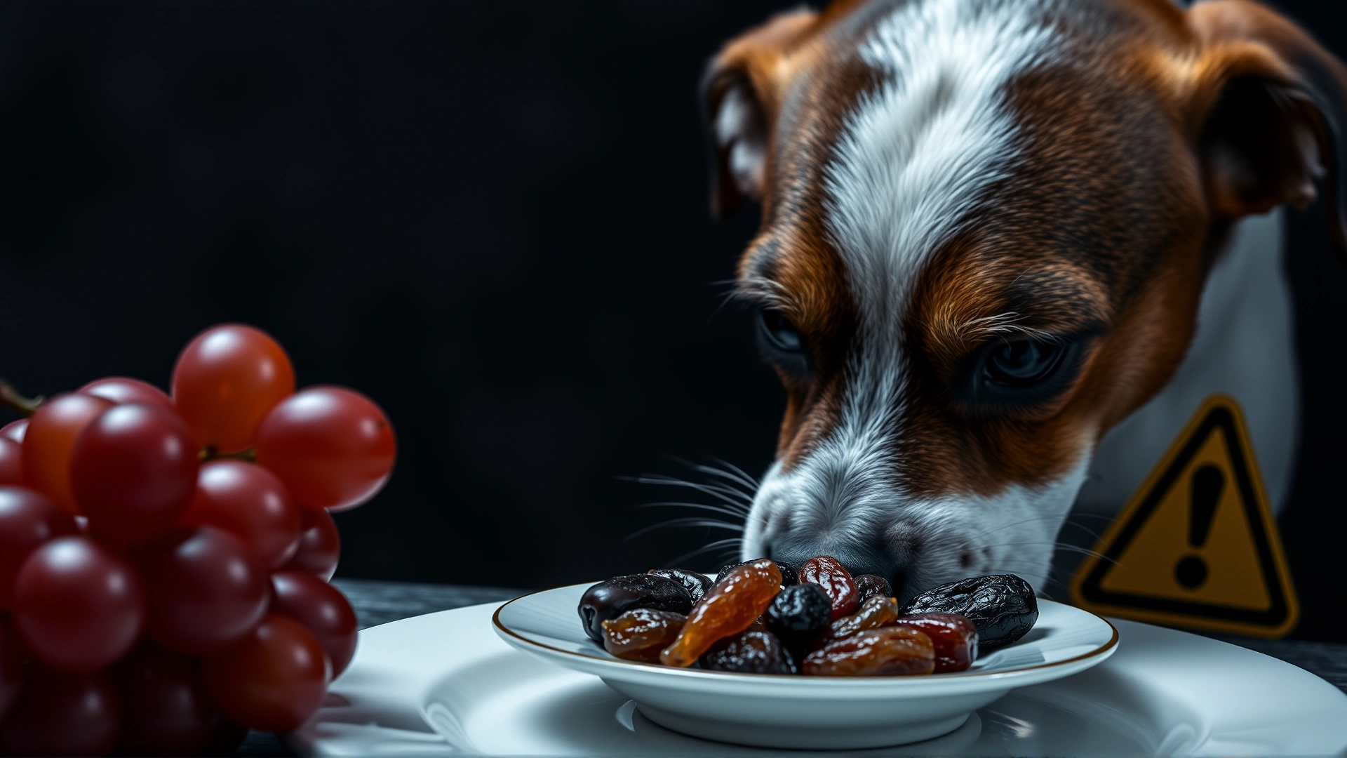 Warning-themed image of a curious dog sniffing a plate containing grapes and raisins, dark moody background, high contrast