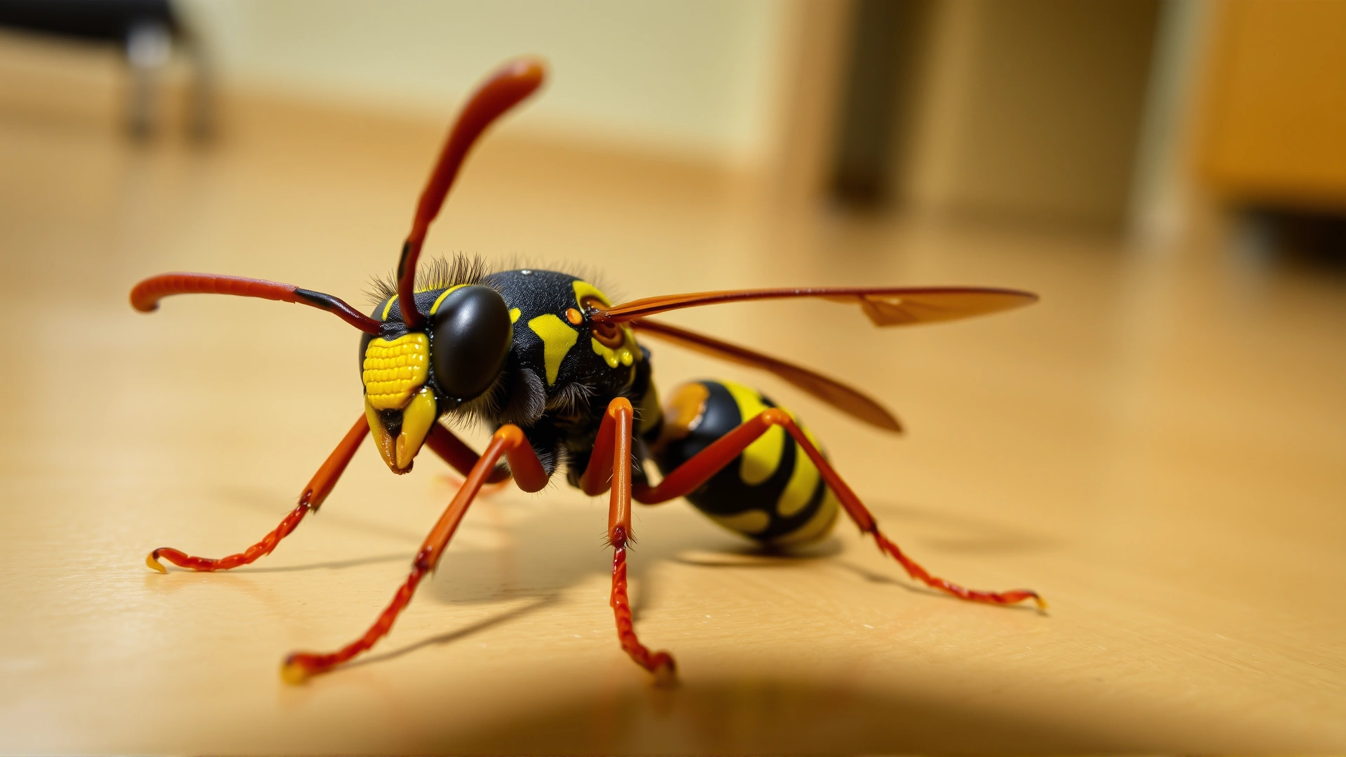 Macro shot of a brightly colored wasp resting on an indoor floor, highlighting its stinger; soft background.
