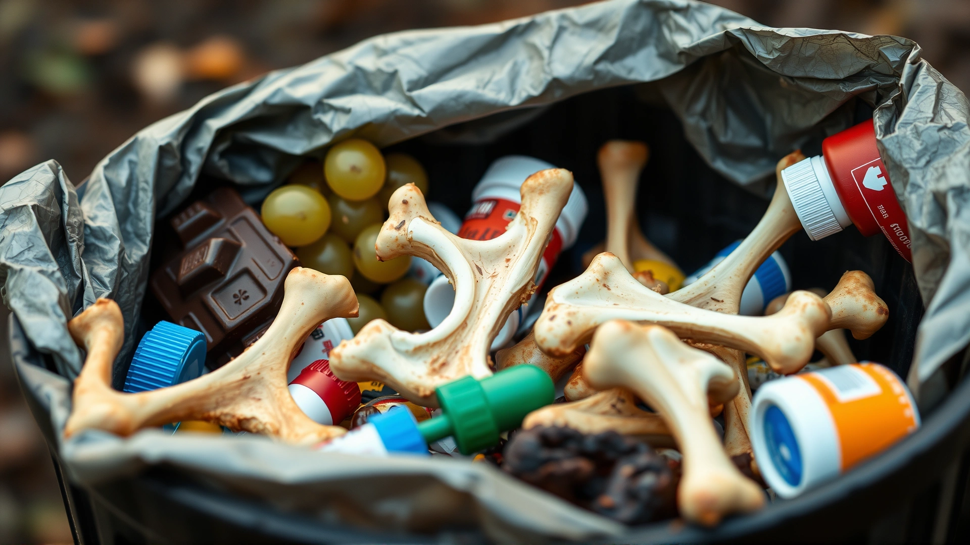 Close-up of open trash with chocolate, grapes, cooked chicken bones, and pill bottles clearly visible, illustrating hazardous items for dogs.