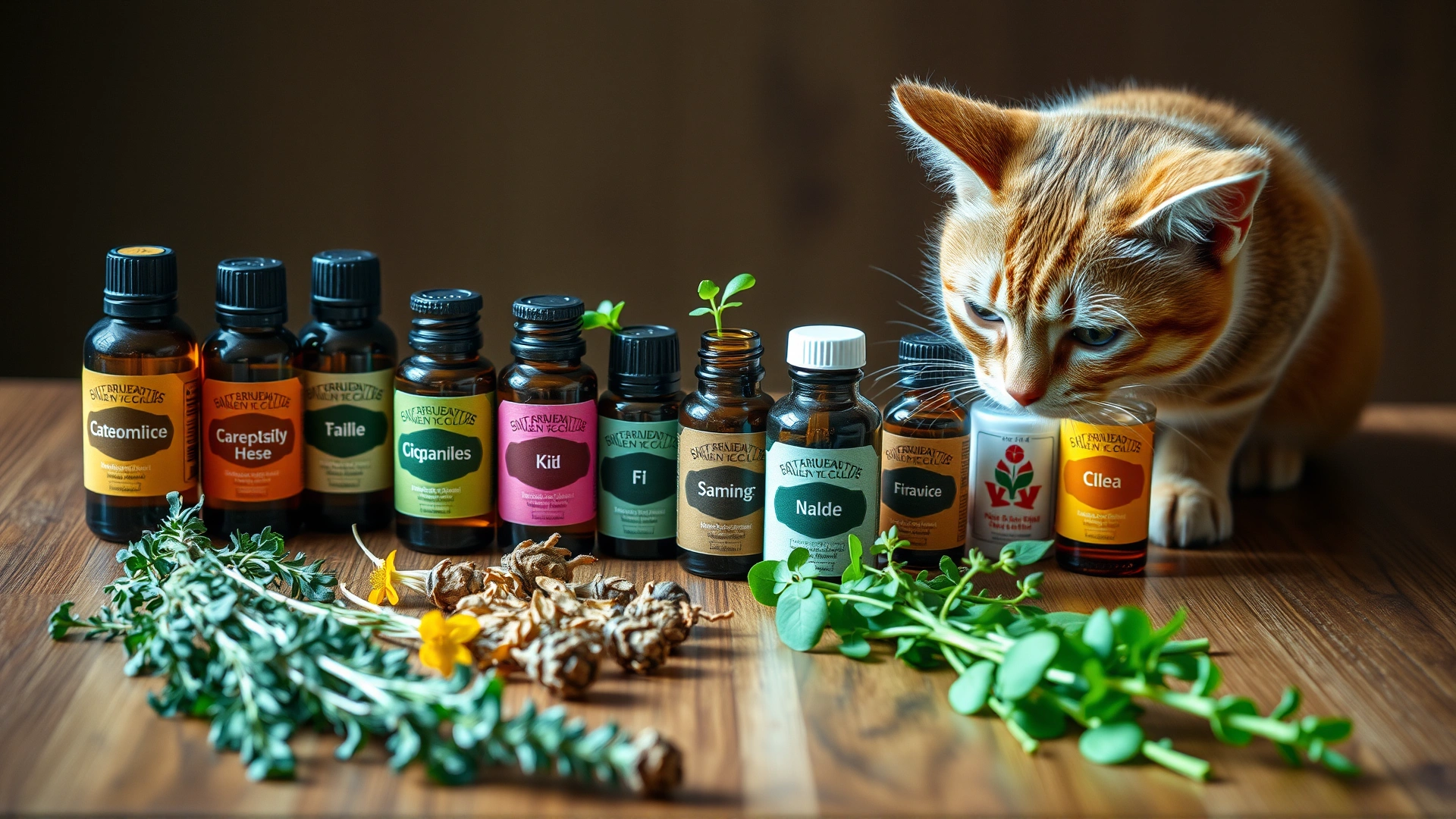 Collection of various essential oil bottles and fresh herbs on a wooden table while a curious cat sniffs them, illustrating potential danger of essential oils for cats.