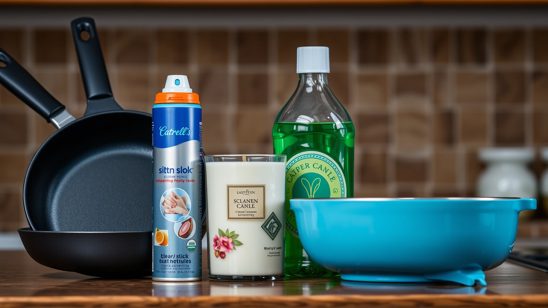 Collection of common household products (non-stick pan, aerosol spray, scented candle, cleaning bottle) arranged on a kitchen counter, slightly blurred background, no labels or text.