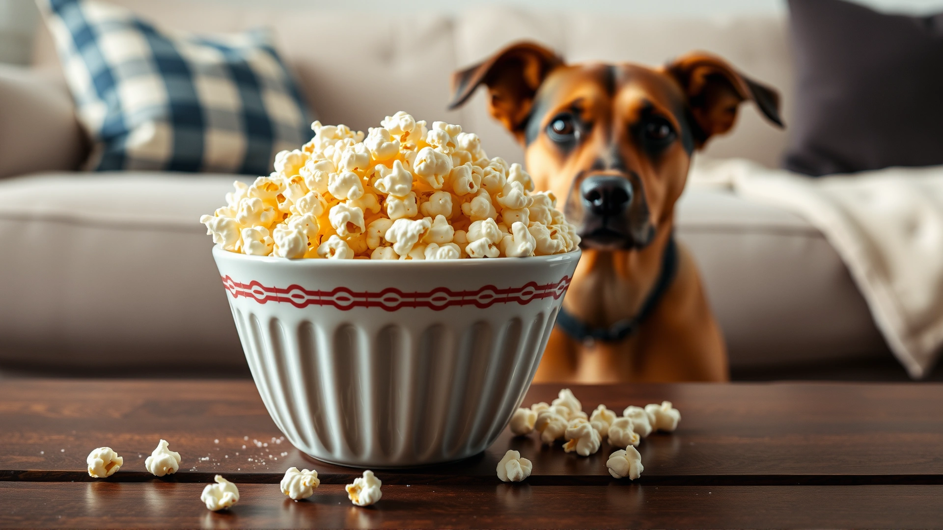 Bowl of buttered and salted popcorn on a coffee table with a dog looking at it curiously, emphasizing unhealthy toppings
