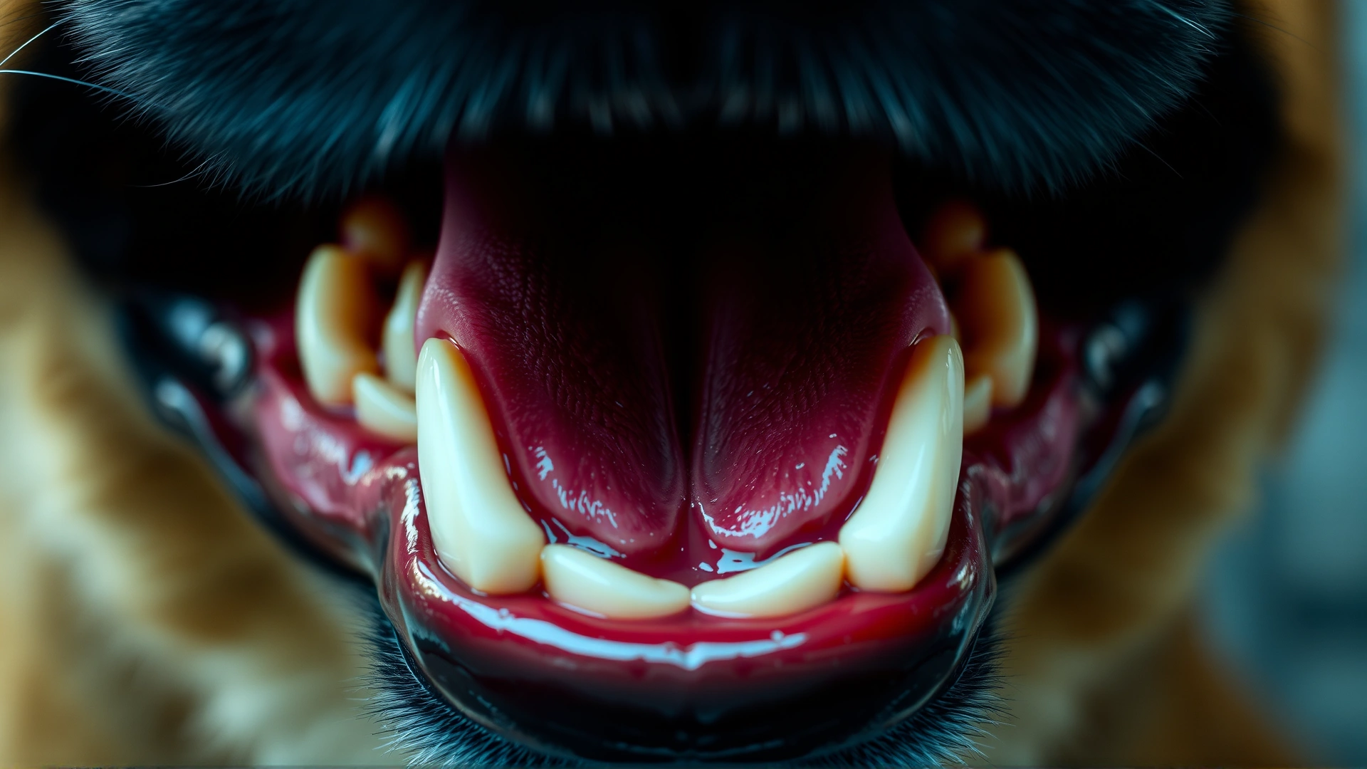 Close-up of dark red, brick-colored canine gums under clinic light