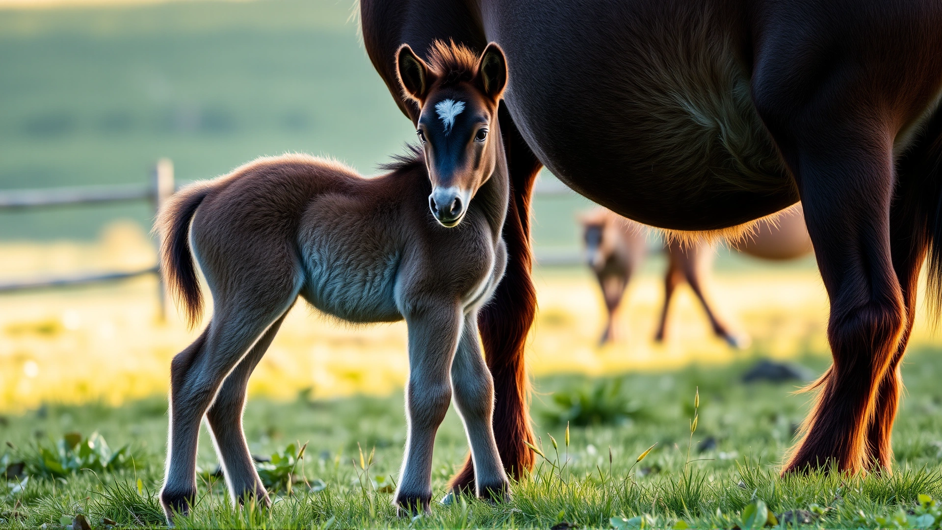 Cute Dartmoor foal standing beside its mother in a lush green paddock during early morning light