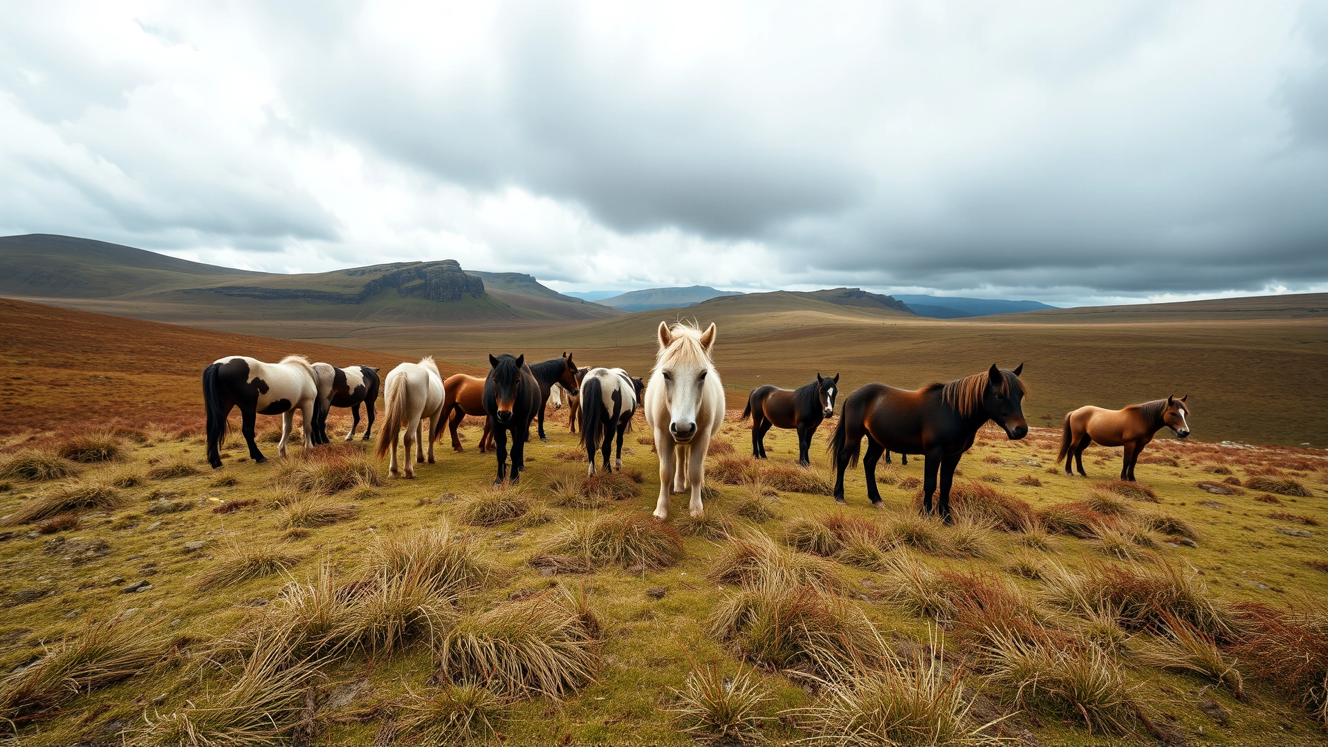 Wide-angle shot of a Dartmoor pony herd grazing on open moorland with rolling hills and granite outcrops under a cloudy sky
