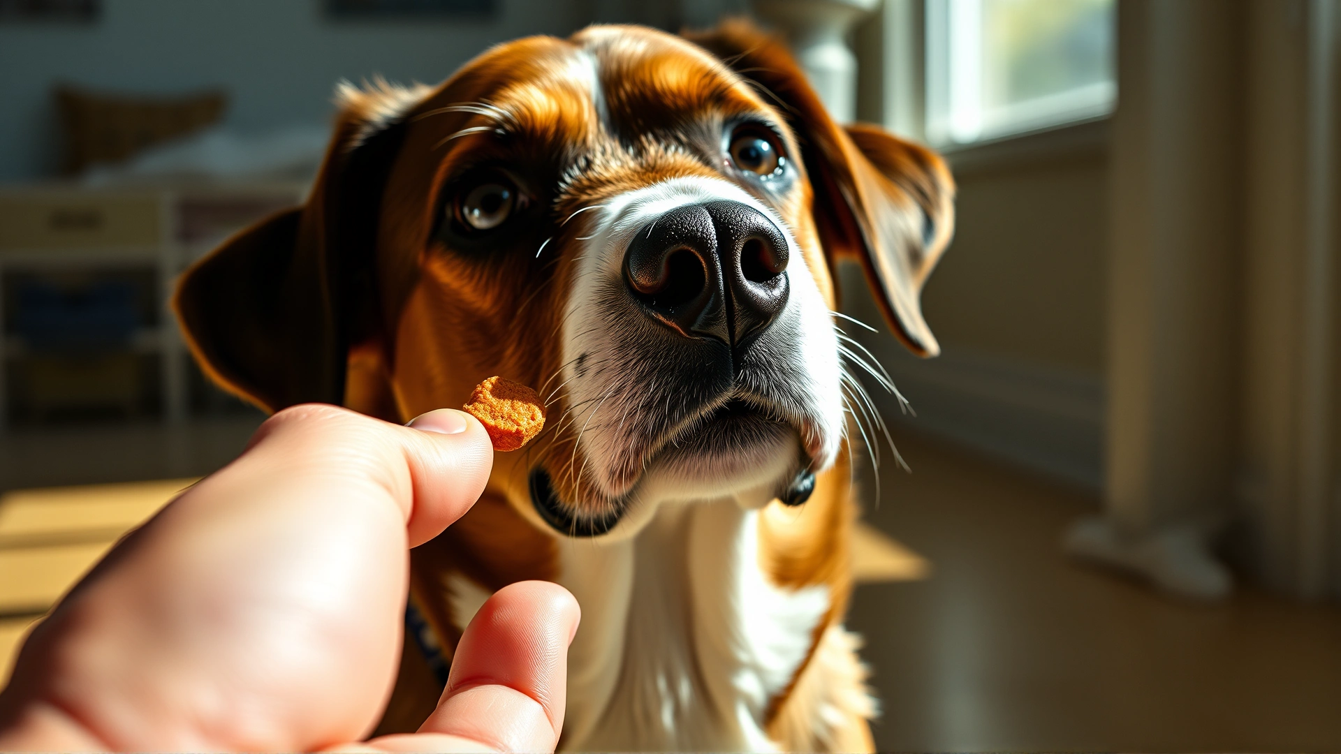 Close-up of a dog attentively looking at a human hand giving the 'sit' signal, treat ready in the other hand, sunny indoor environment