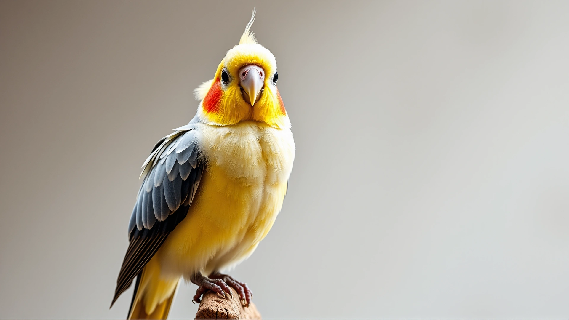 Bright image of a cockatiel standing on a wooden perch with wings half-open, looking inquisitively toward the camera; shallow depth of field; no text