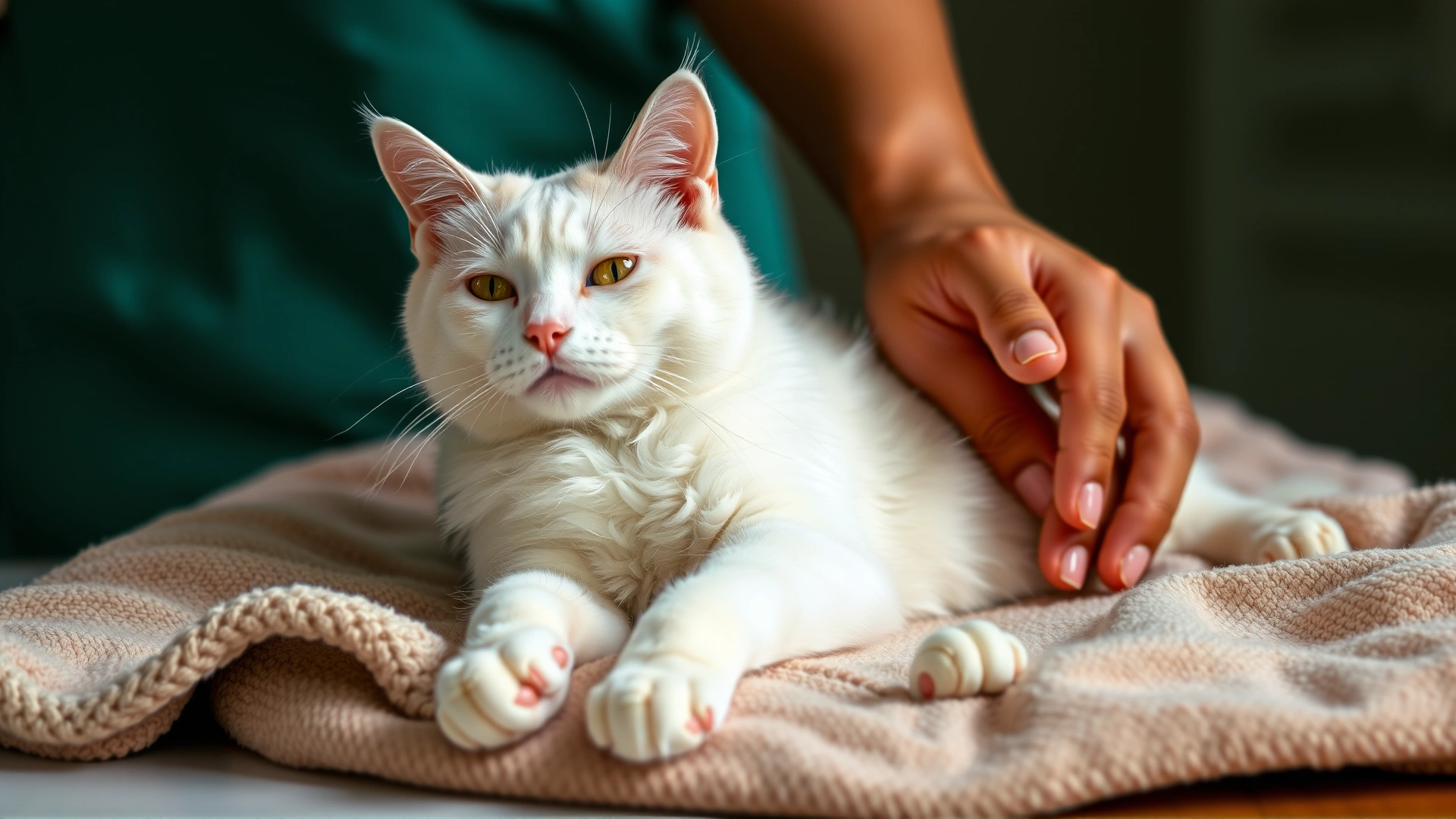 Person gently massaging the front paws of a white declawed cat lying on a soft blanket, illustrating after-care.