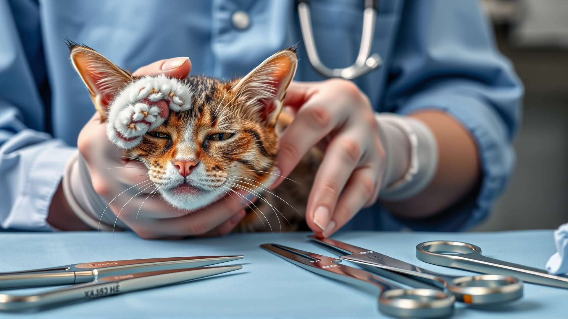 Close-up of a veterinarian gently holding a cat’s paw while surgical instruments are displayed on a sterile table; conveys medical context without gore.