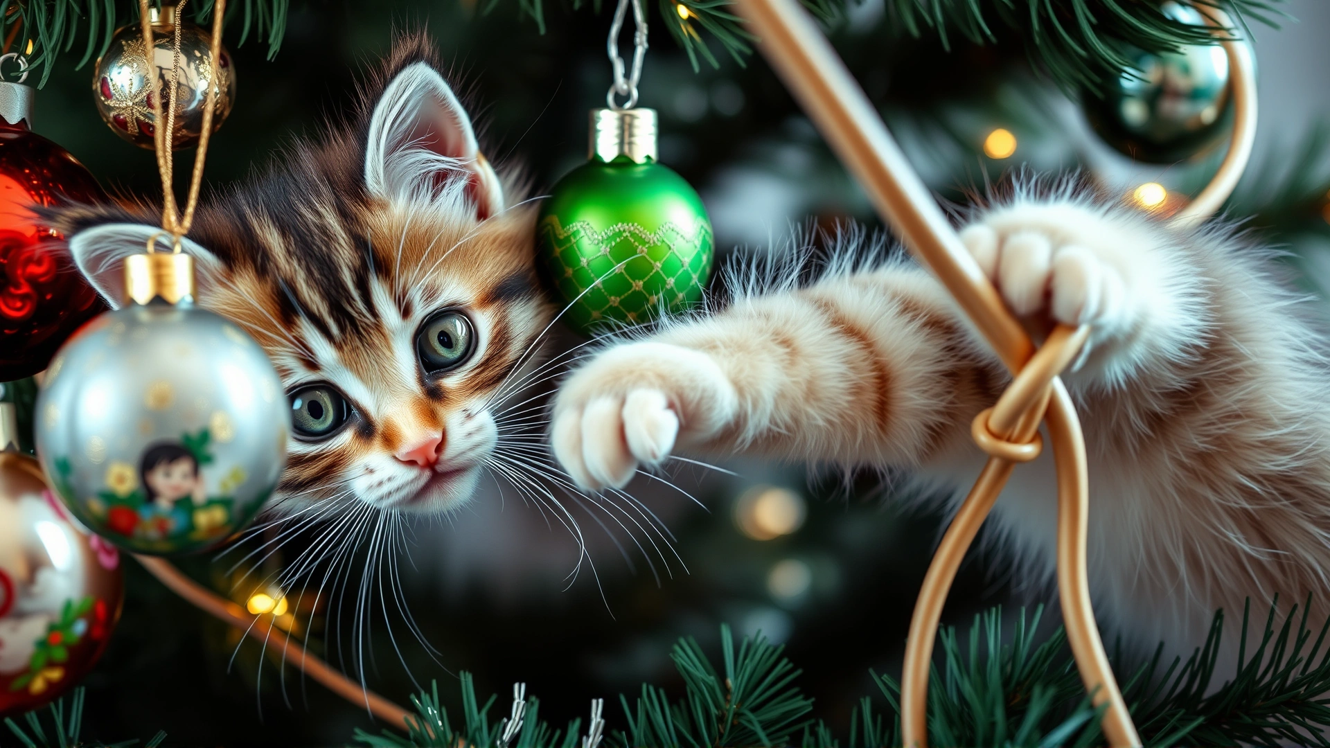 Close-up of Christmas ornaments and electrical cords on a tree with a playful kitten swatting at them, highlighting potential hazards.