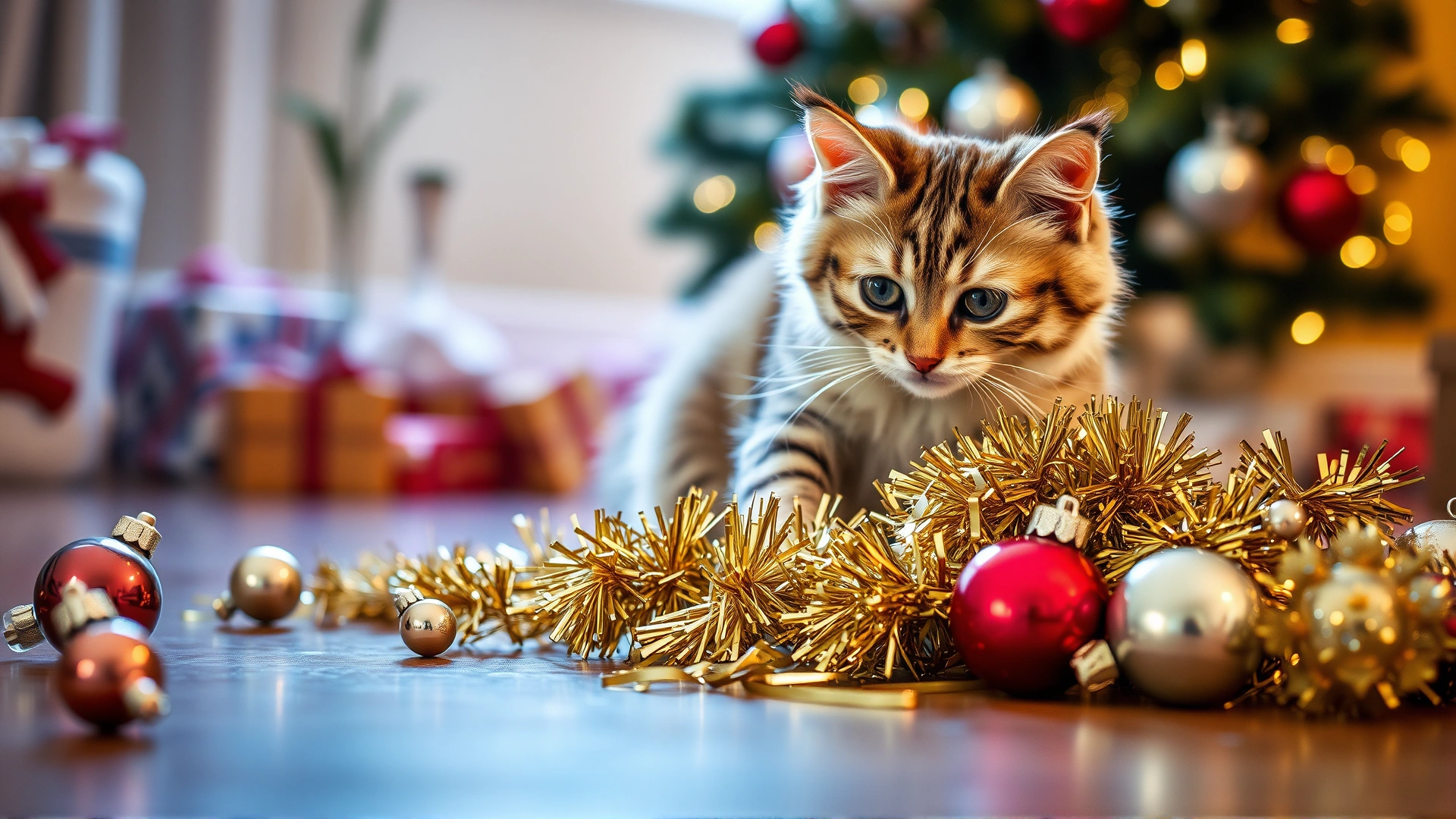 Cat playing with shiny tinsel and glass ornaments scattered on the floor, holiday tree blurred in the background.