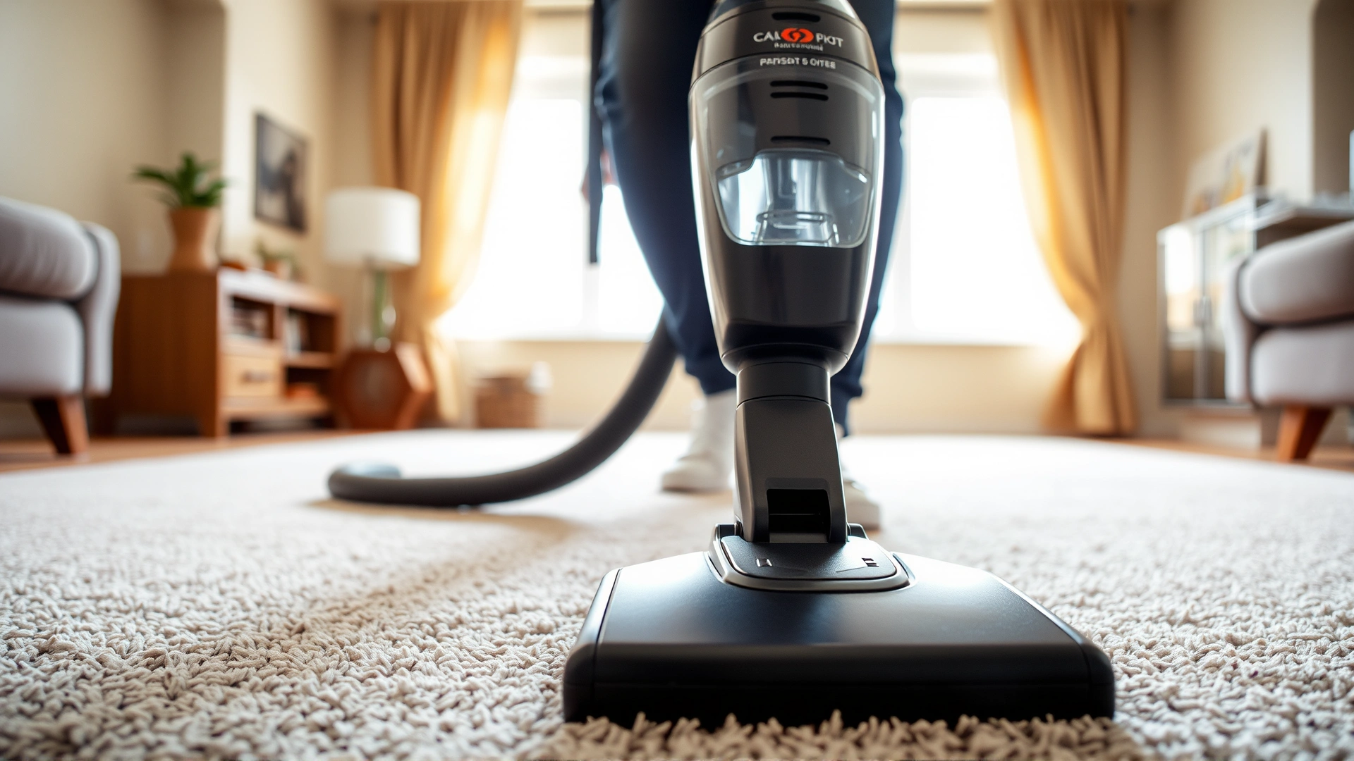 Person vacuuming a living room carpet with a modern vacuum cleaner, focus on nozzle and carpet fibers, bright daylight