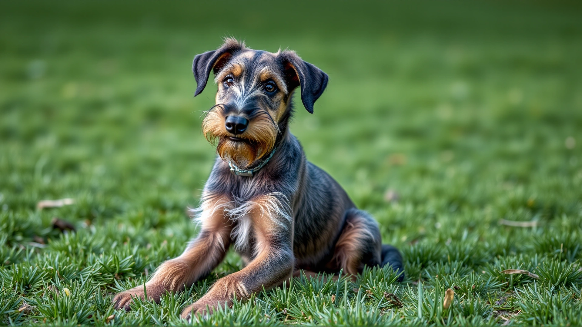 Adorable Scottish Deerhound puppy sitting on grass with curious expression.