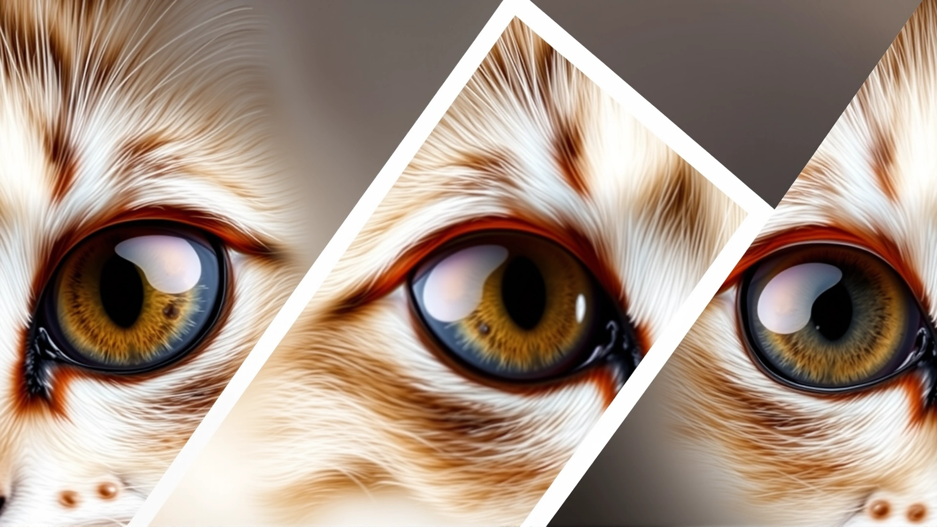 AI-generated collage of three feline eyes showing different congenital defects (eyelid agenesis, cataract, microphthalmia) on white background, high clarity.