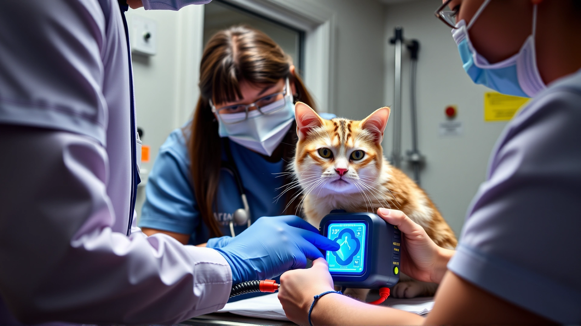 Emergency vet team using a small animal defibrillator on a cat in a critical care unit