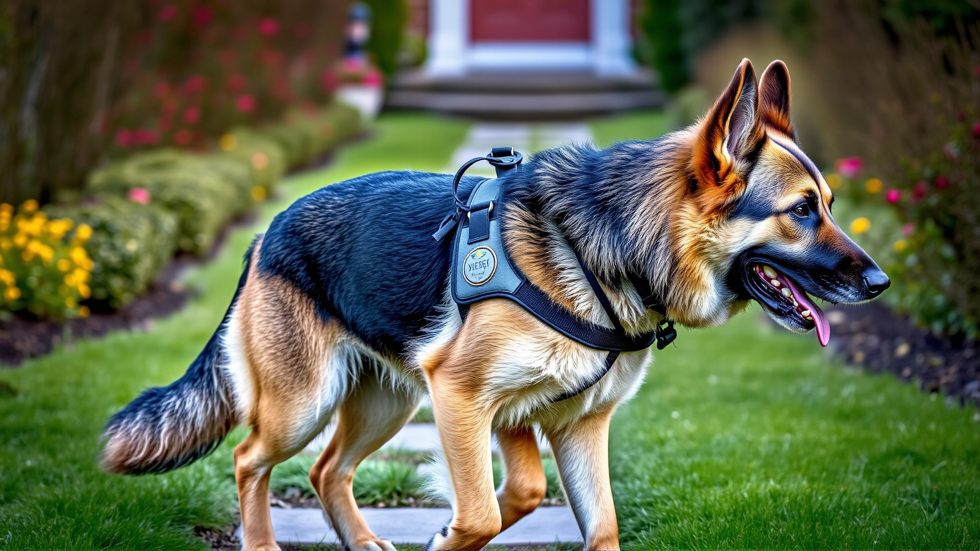 Senior German Shepherd walking with a rear support harness along a garden path.
